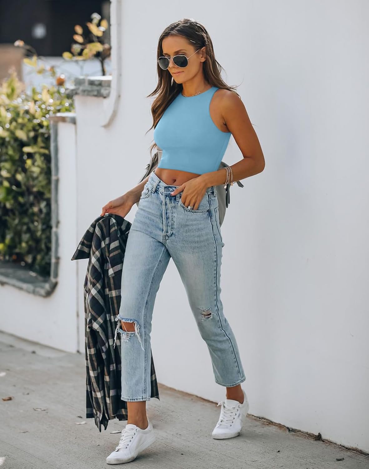 REORIA Women’s Sexy Sleeveless Racer Back Tank Tops Halter Neck Crop Tops - Image 4