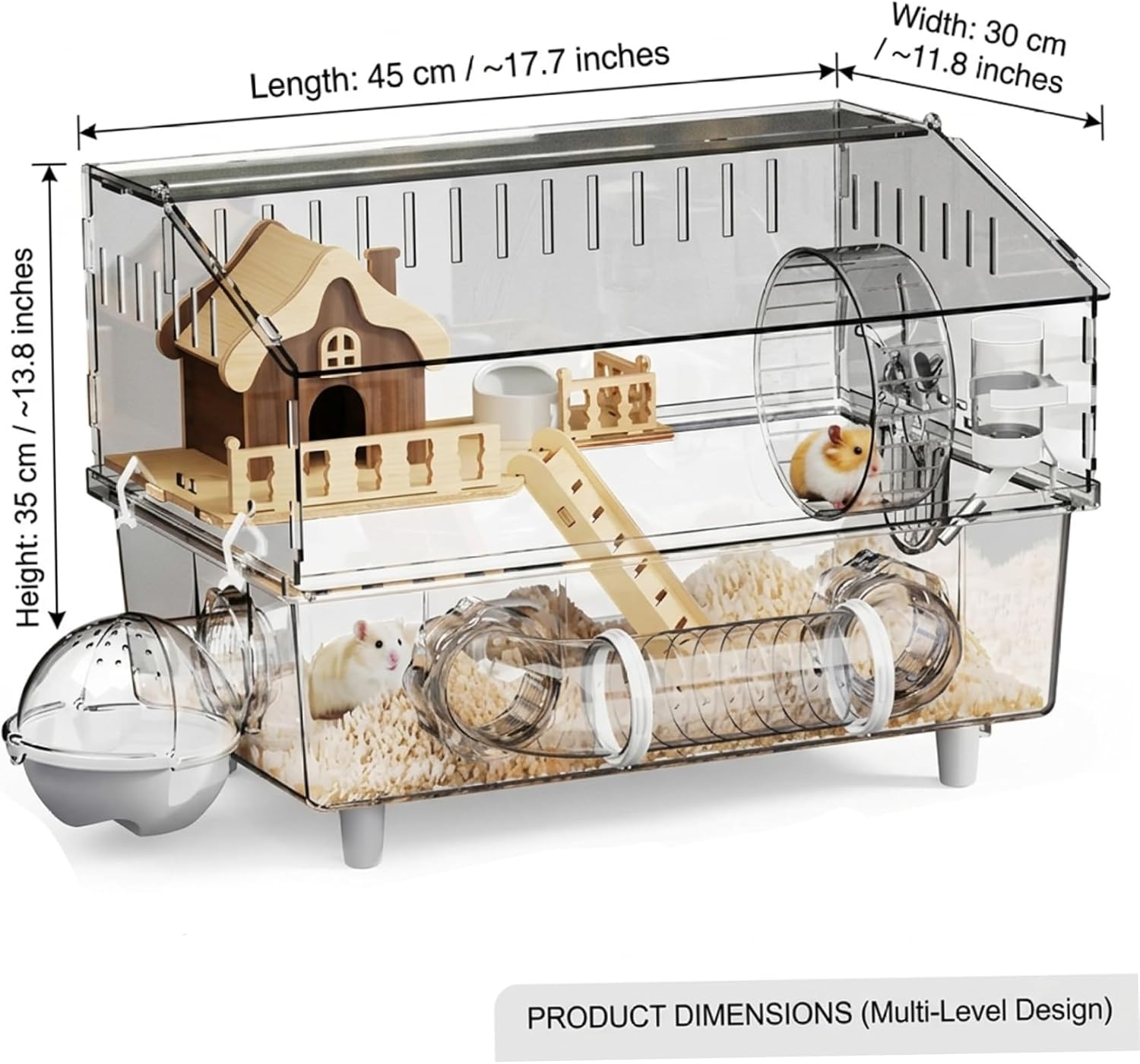 Acrylic Hamster Cage - 18in Spacious Hamster Habitat with 9Pcs Accessories Including Cozy Wooden House for Dwarf Hamsters, Gerbils, and Pet Mice
