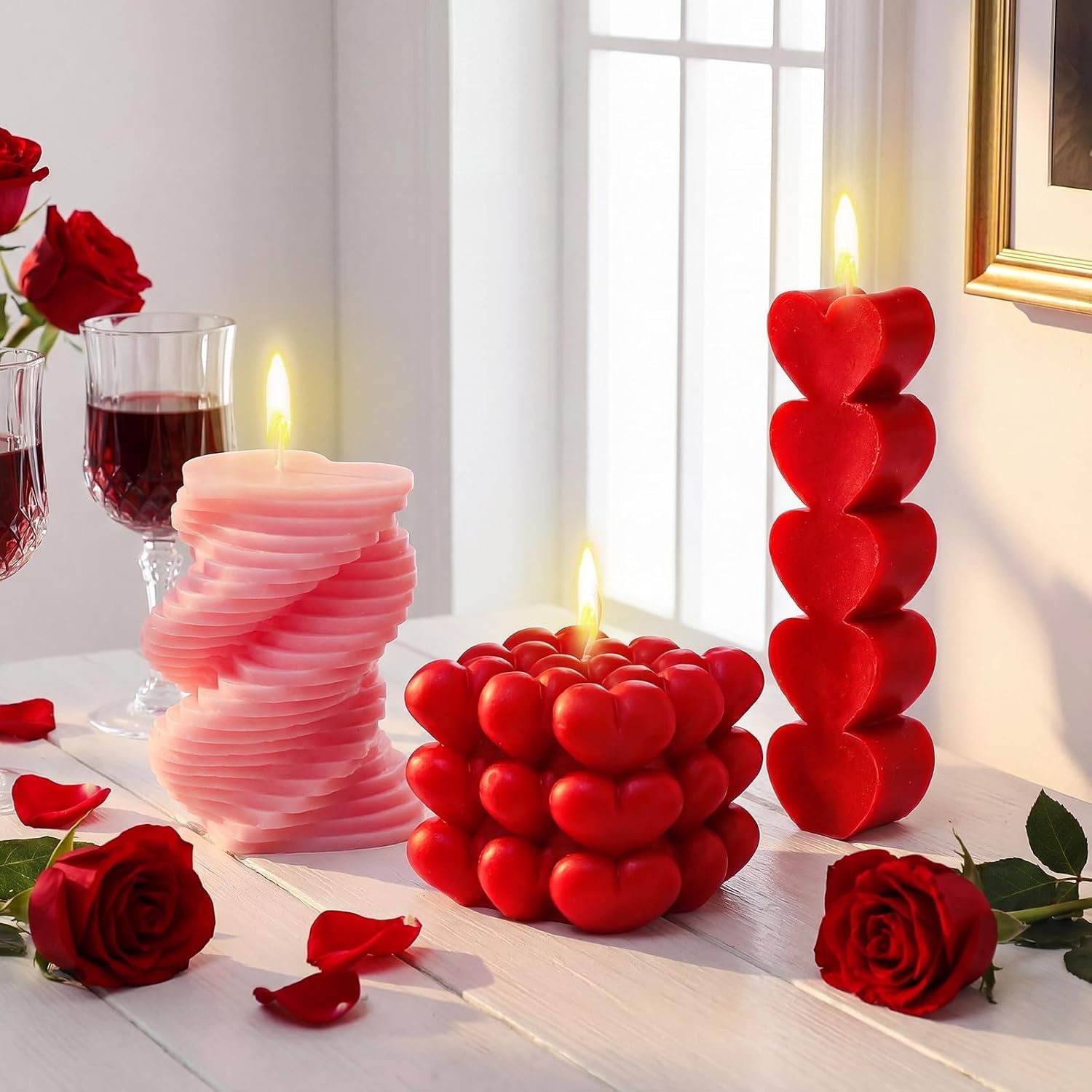 Conelist 3 Pcs Valentine Heart Shaped Candle Burning Stacked Spiral Heart Bubble Candle Pillar Unscented Romantic Valentine's Day Gift Wedding Anniversary Kitchen Home Aesthetic Table Decor