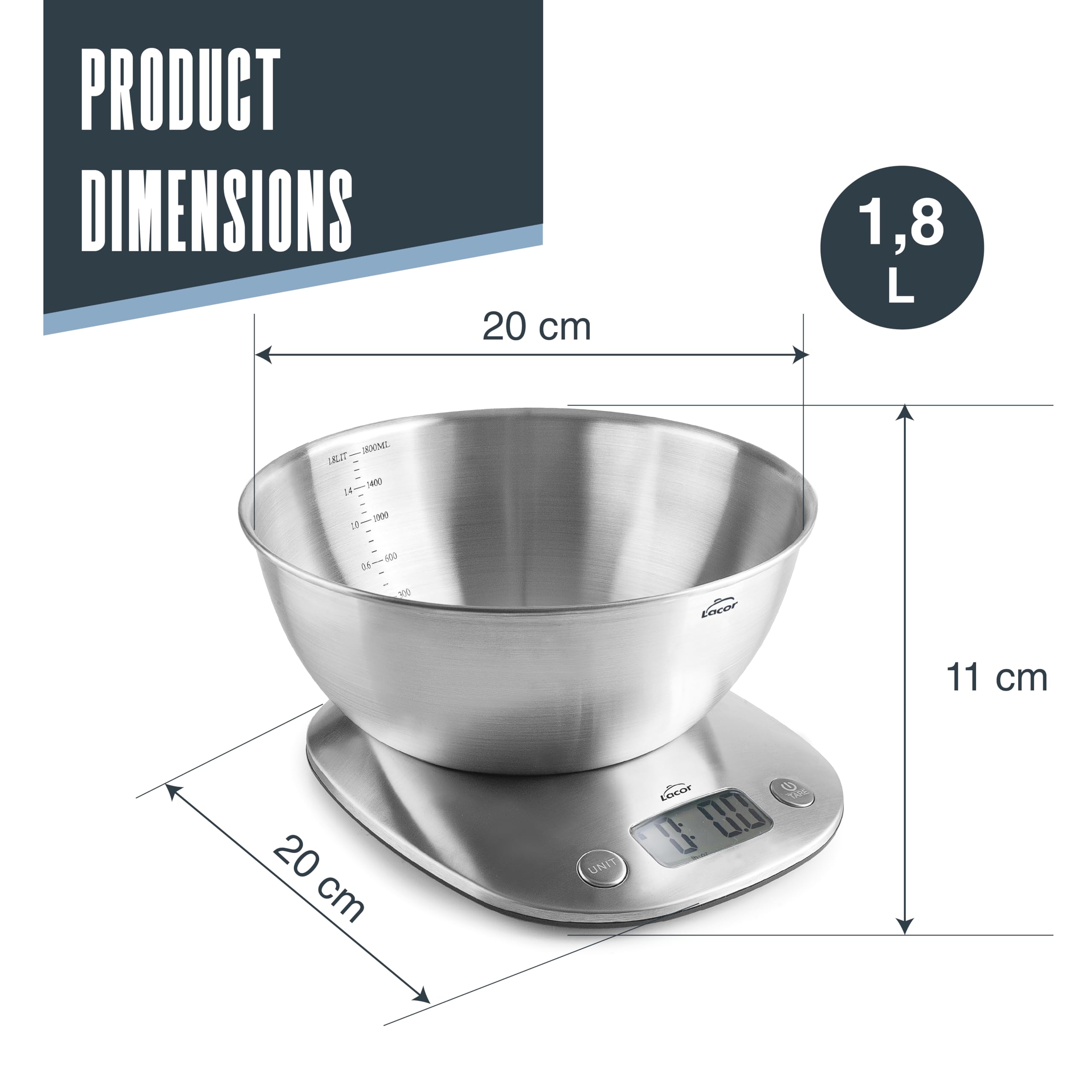 Lacor - 61727 - Bilancia Digitale, Alta Precisione, Ciotola Estraibile, Acciaio Inox, Display LCD, Funzione TARA, 1.8 L