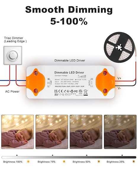 REYLAX 24V 24W Dimmable TRIAC LED Driver 1A, AC 240V to DC 24V Transformer