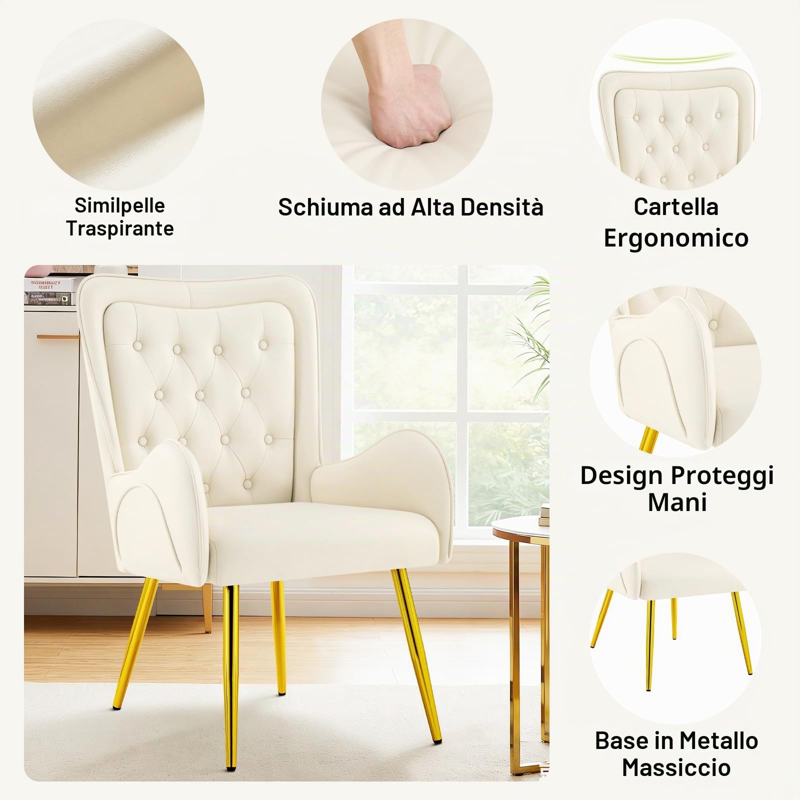 Hellove Poltrona e Poltroncina Salotto, Poltrone Moderne in Pelle – Sedia Poltrona e Sedia Trucco – Poltrona Camera da Letto con Piedini Oro – Poltroncina da Camera per Relax e Lettura, Beige