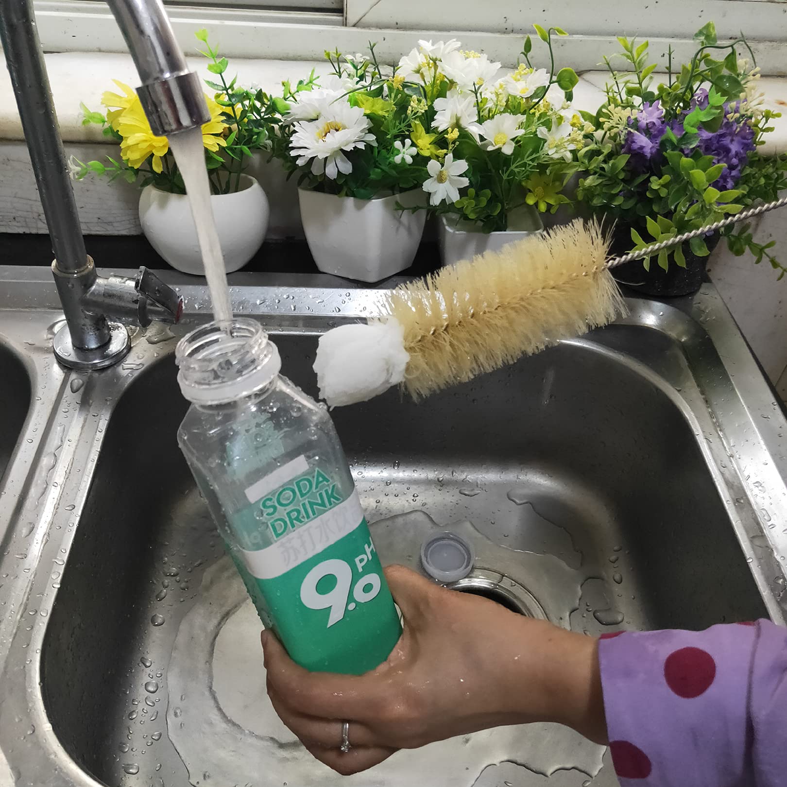 Edelstahl-Soda-Flaschen-Reinigungsbürsten-Set Naturwildborsten Wollspitze Langer Griff, Flexibel Biegbar Dicker Draht Reiniger für Enghalswasser Babyflaschen Strohrohr-Rohrkolben (4)