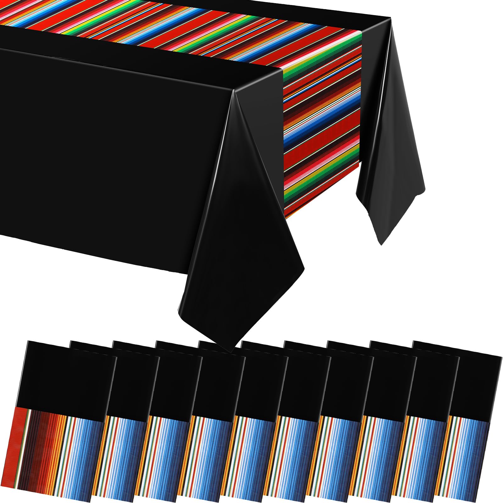 10 Pcs Mexican Fiesta Tablecloth Mexican Table Runner 108 x 54 Inch Plastic Striped Theme Party Decor Fiesta Colorful Striped Table Cover for Cinco De Mayo Party(Black)