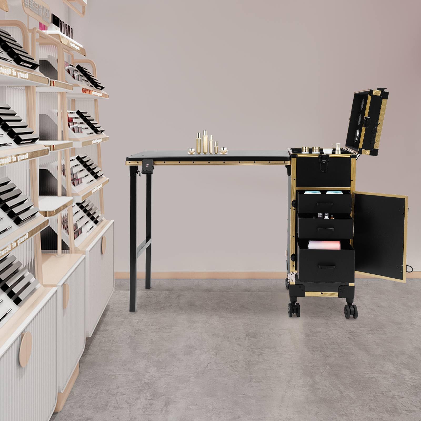 Reise-Schminkkoffer Schminkkoffer Mit Spiegel 3Schubladen Faltbar Kosmetikkoffer Rad Und SchlöSser Friseurkoffer ManiküRe Tisch FüR Professionelle Visagisten Friseure (Schwarz und Gold)