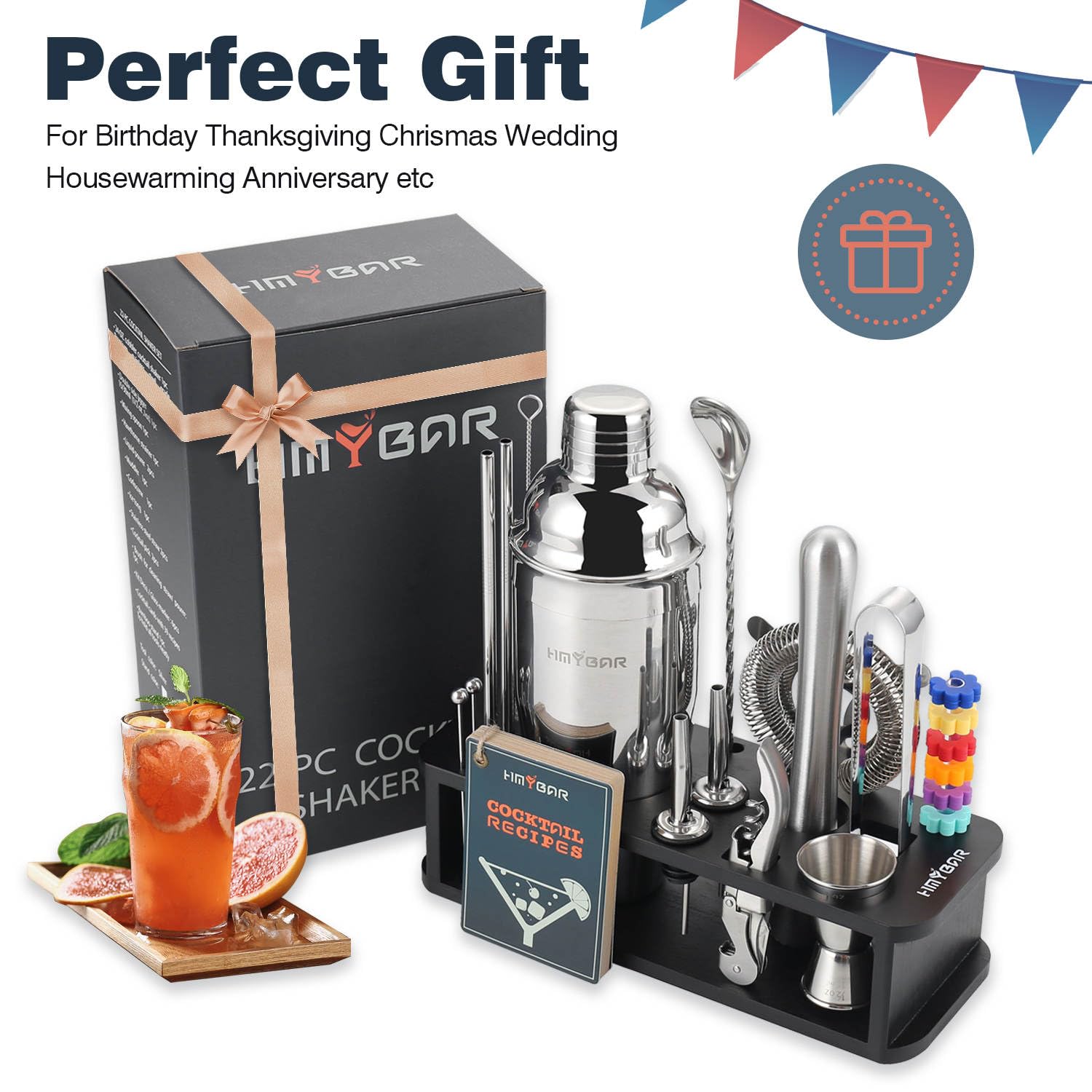 Set da 22 shaker per cocktail (700 ml), kit per barista mixology, set da bar, set di strumenti da bar, set per la preparazione di martini con 39 biglietti da cocktail e kit decorativo, supporto