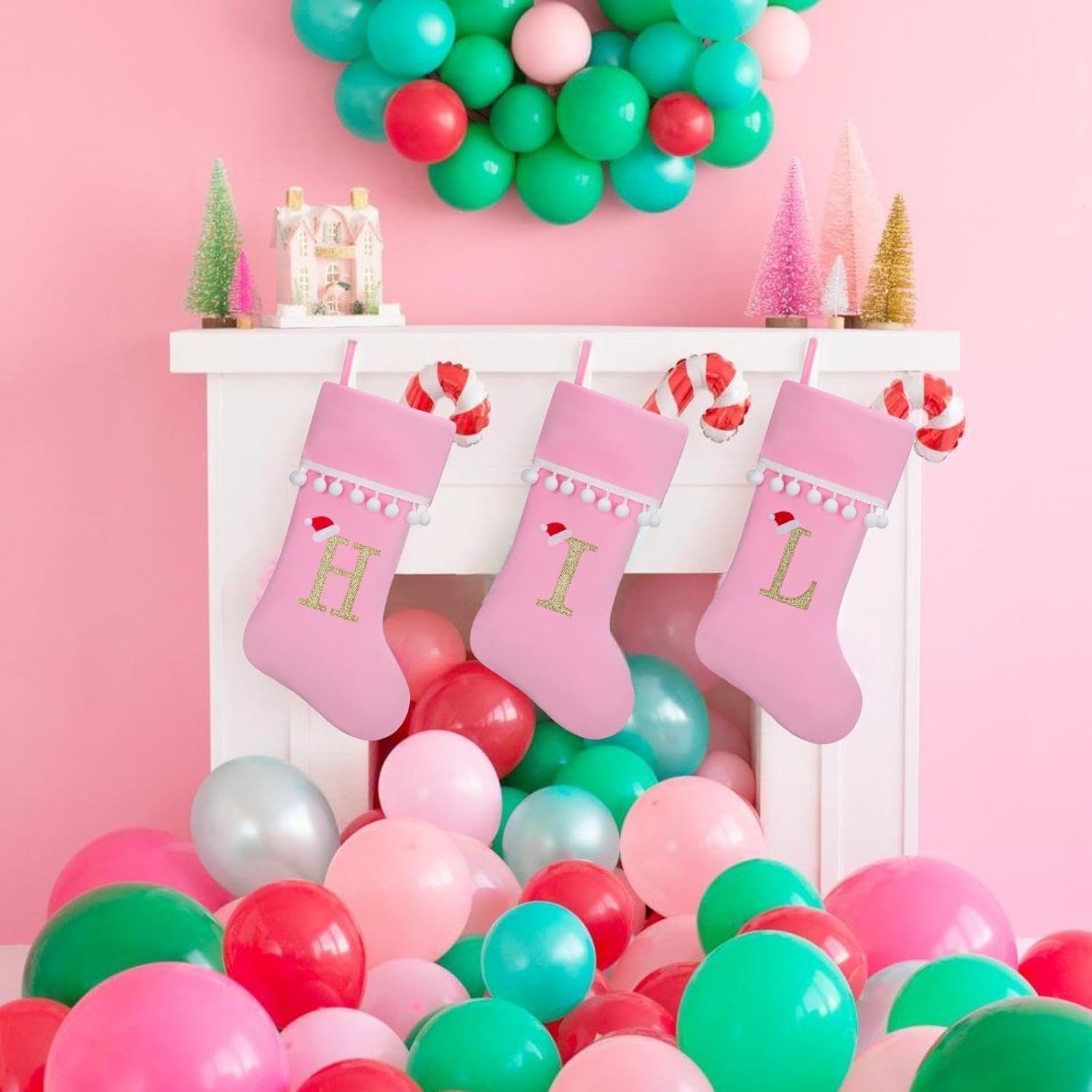 19 Inch Pink Velvet Stockings, Personalized Christmas Stocking, Embroidery Initial with White Pom Pom Trim, Holiday Fireplace Mantel & Xmas Party Decor, Letter E - Image 5