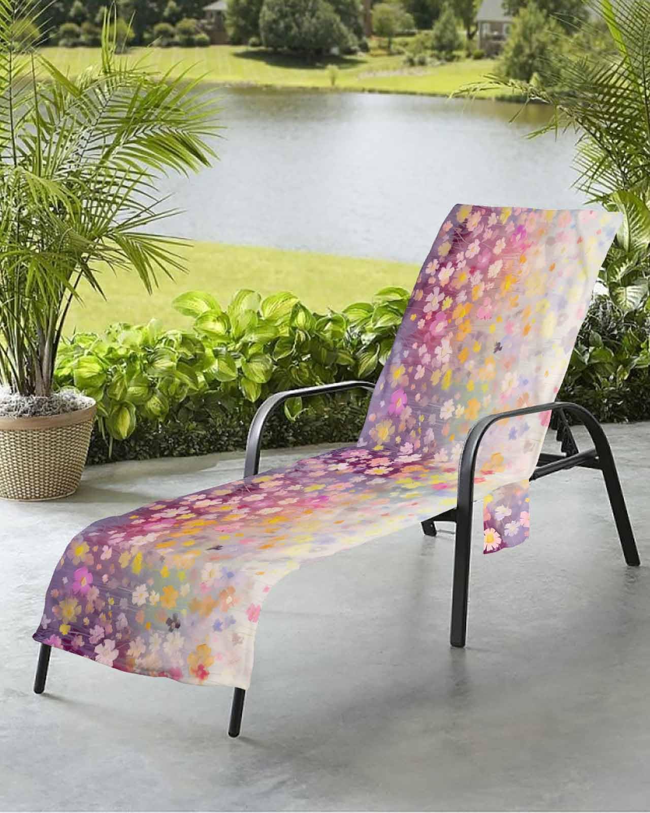 Botanical Flower Beach Chair Towel Covers for Chaise Lounge with Side Pocket, Soft Plush Pool Towels Cover for Patio Sunbathing Outdoor Modern Abstract Painted Rainbow Art 29''x85''