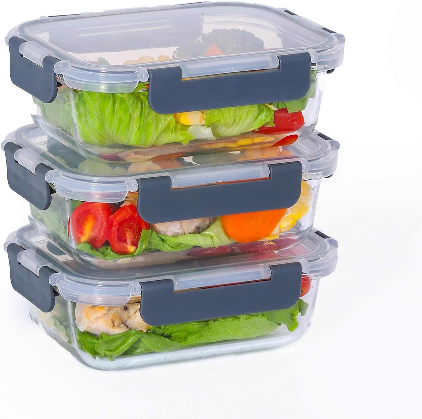 3 Piece Glass Food Storage Container Glass Lunch Containers Glass Meal Prep Container Set Clip Seals Tightly Without Leakage Applicable to Microwave Oven Refrigerator Dishwasher 3 PACK