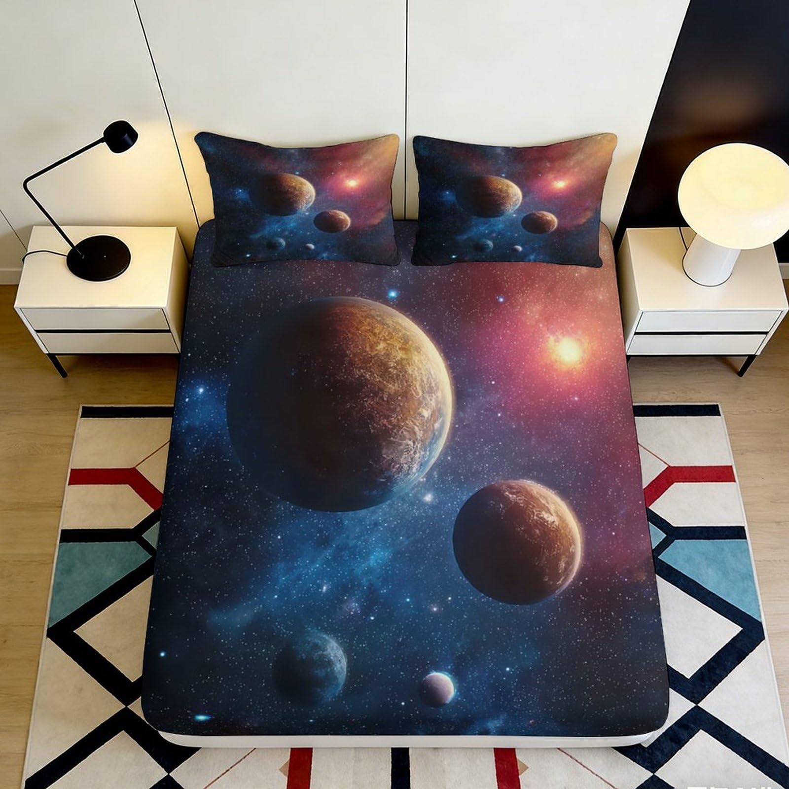 3D Printed Planet Fitted Sheet, Space Galaxy Bed Sheet, Microfiber soft touch, wrinkle resistant, apartment bedding, machine washable, bedroom decor, guest room use, 120x200cm 90x200x25cm