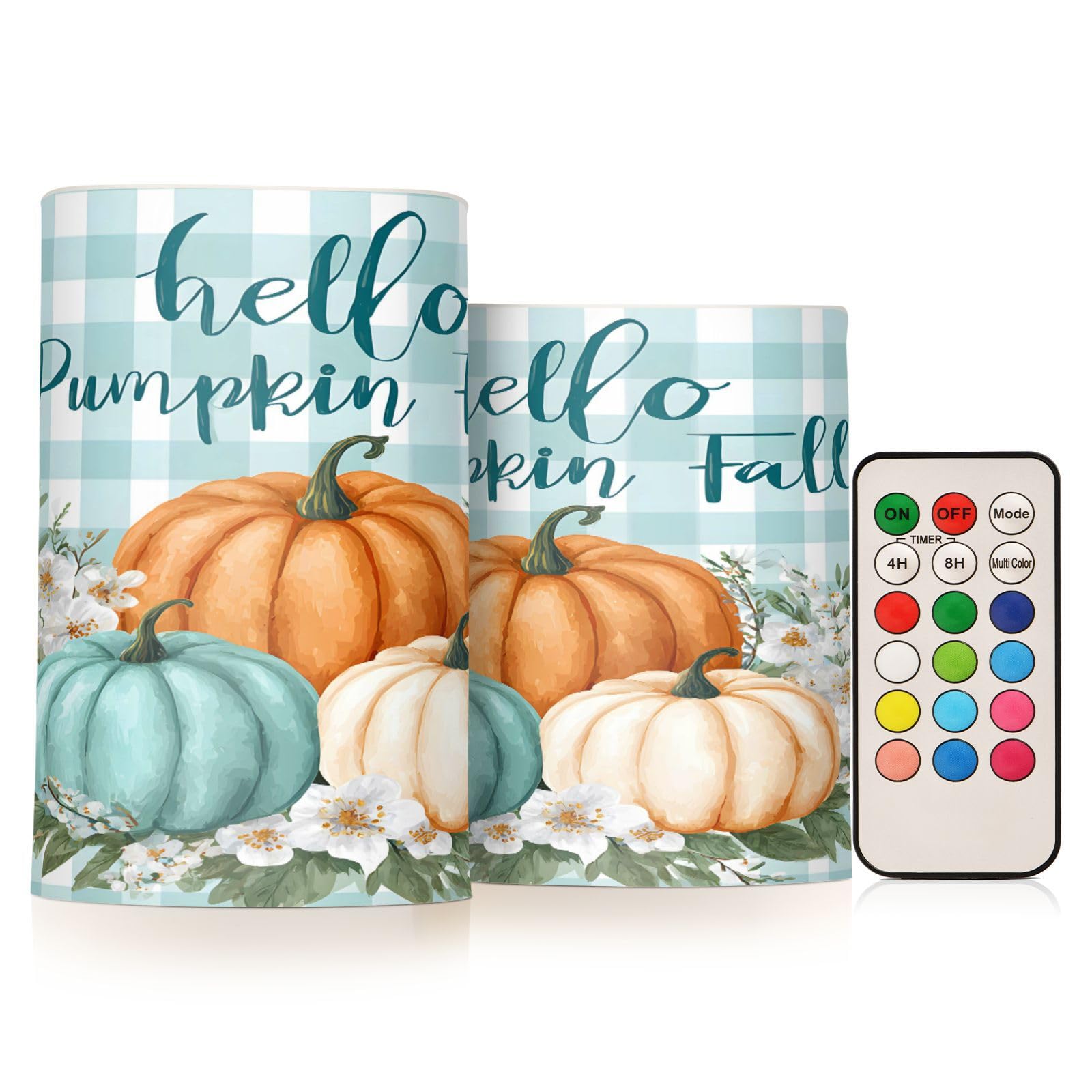 ALAZA Fall Autumn Pumpkins Teal Buffalo Plaid Flickering Flameless Candles Battery Operated with Remote Timer,Tea Light Candles LED Pillar Votive Candles Set of 2 for Outdoor Indoor Decorations