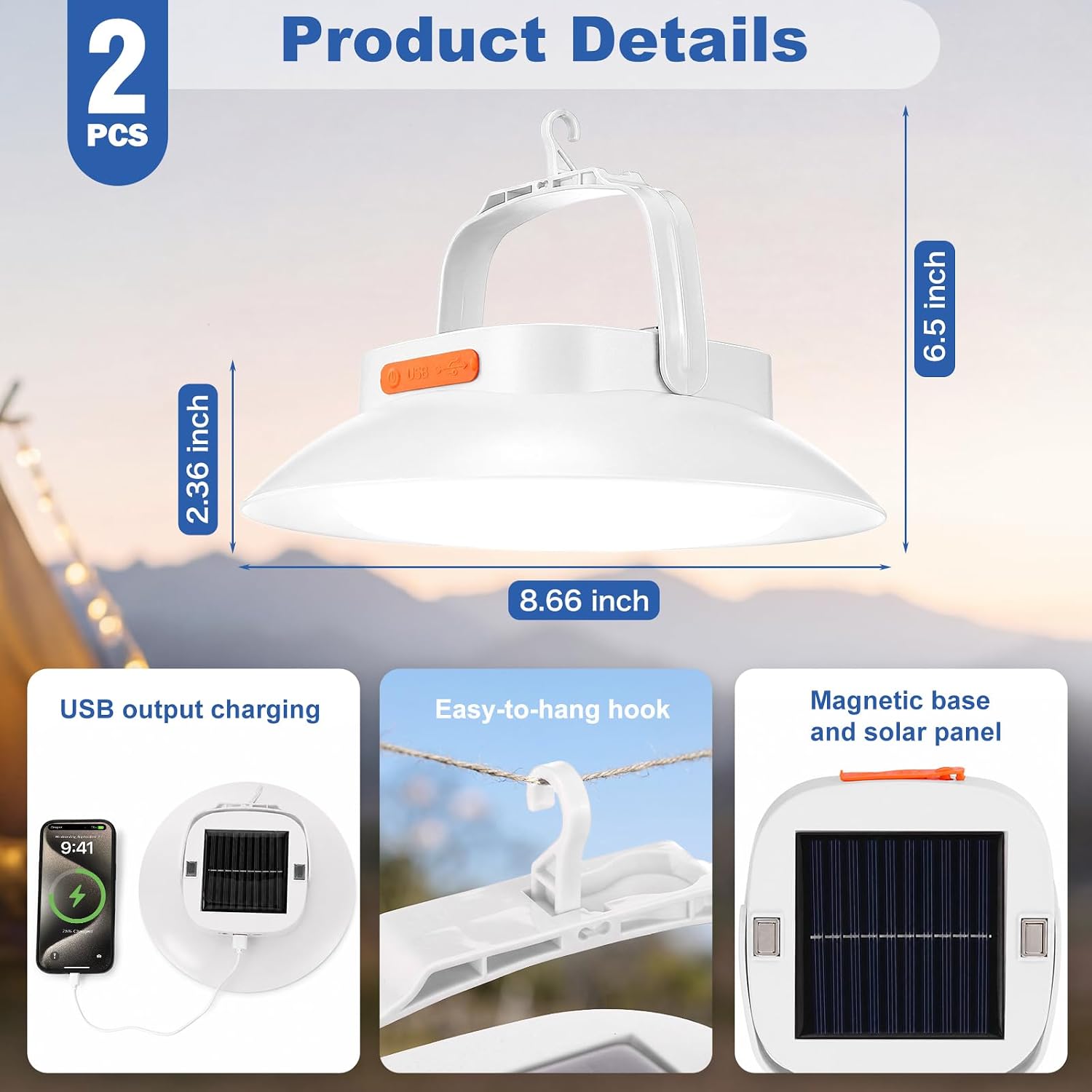 2Pcs Solar Tent Light 4500mAh Rechargeable 1700LM USB Camping Lighting with Magnetic Hanging Waterproof Portable LED Canopy Lantern 3 Lighting Modes for Emergency Power Outages(White)