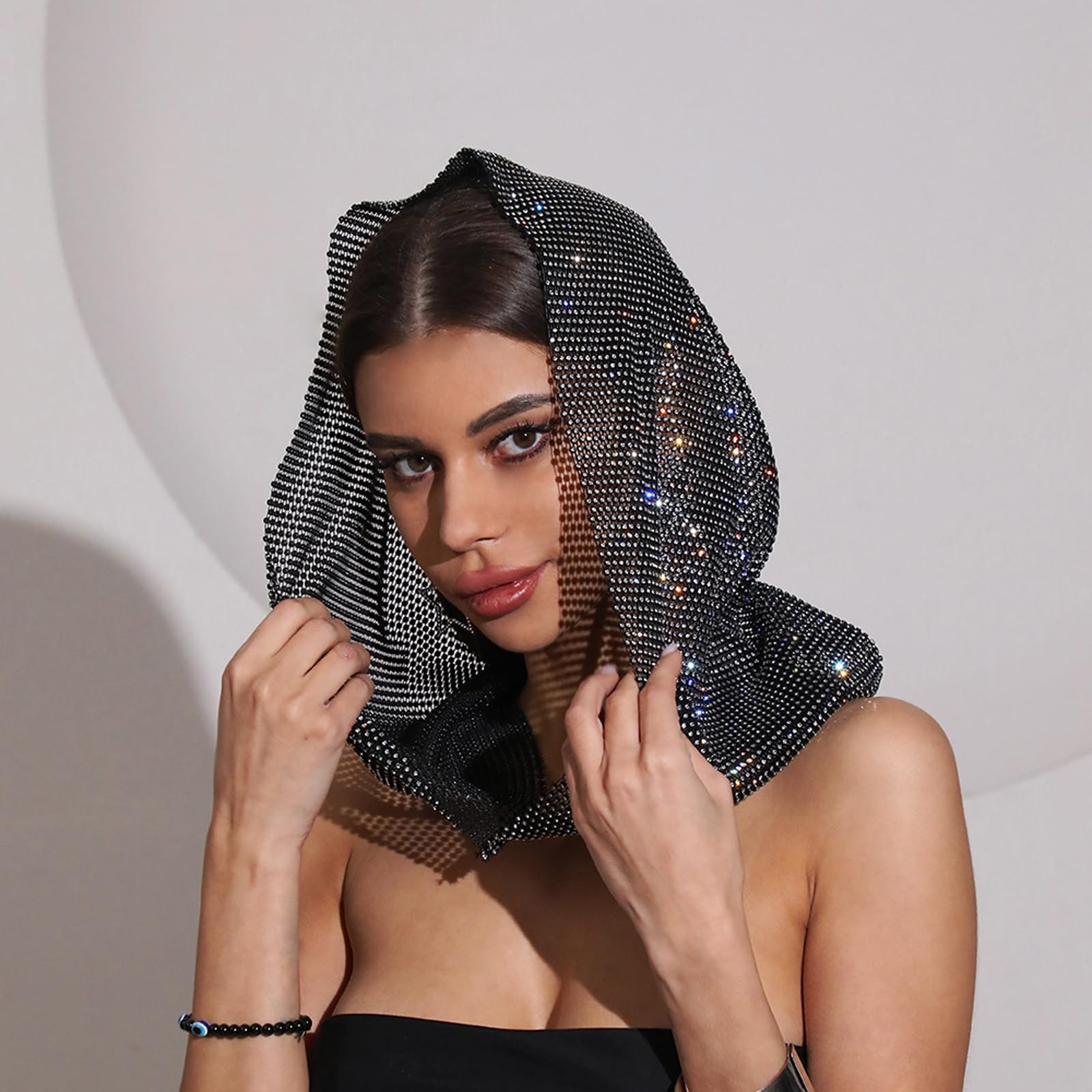 JIAHG Women Glitter Rhinestones Mesh Headdress Girls Flapper Sparkly Crystal Mesh Head Scarf Bling Mesh Wrap Cap Shiny Mesh Hairbands for Youth Nightclub Rave Party Music Festival - Image 3