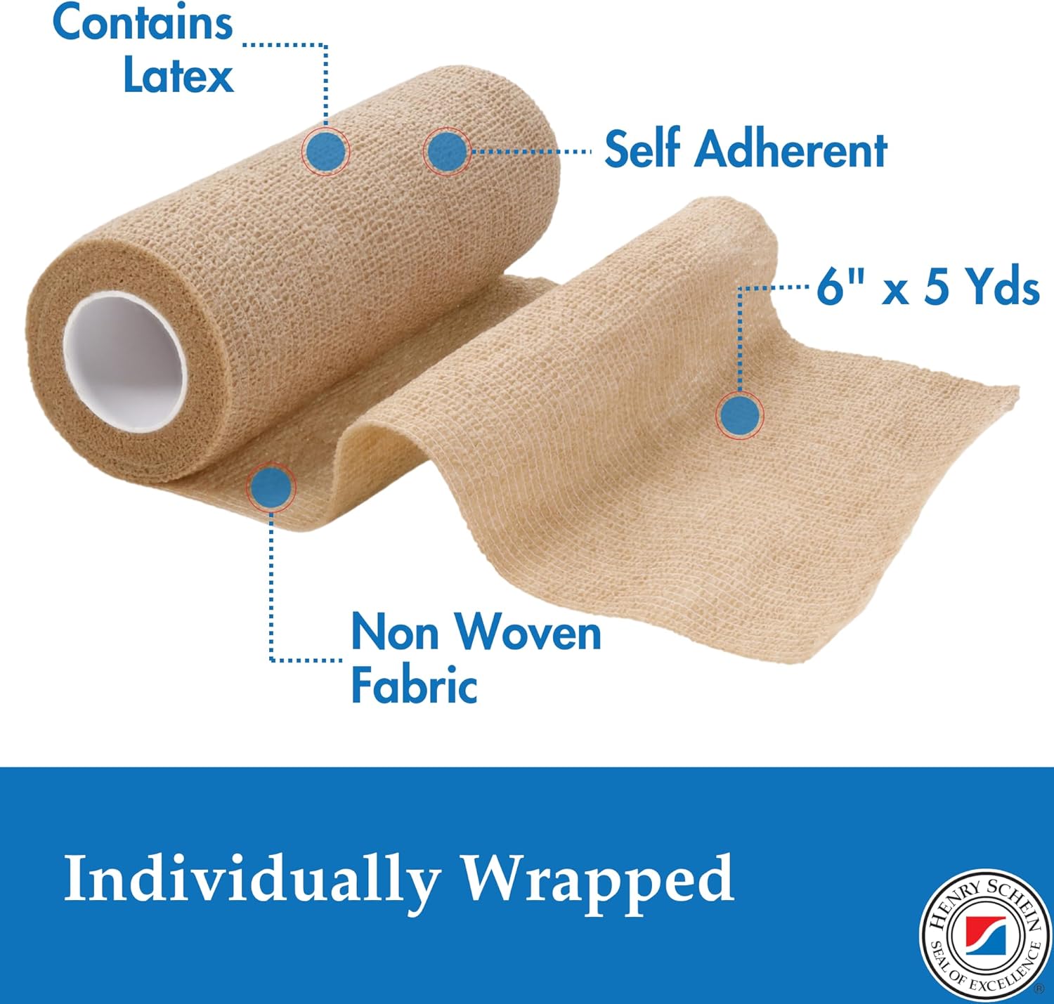 Henry Schein Premium Self-Adherent Bandage – 6" x 5 Yards, Tan – (12 per Box) – Flexible, Non-Woven, Non-Sterile Wrap for Compression & Wound Support