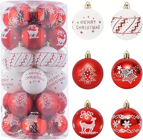 Adornos rojos y blancos para árbol de Navidad, bolas de Navidad inastillables de 2.36 pulgadas, decoración de árbol de Navidad colgante de plástico