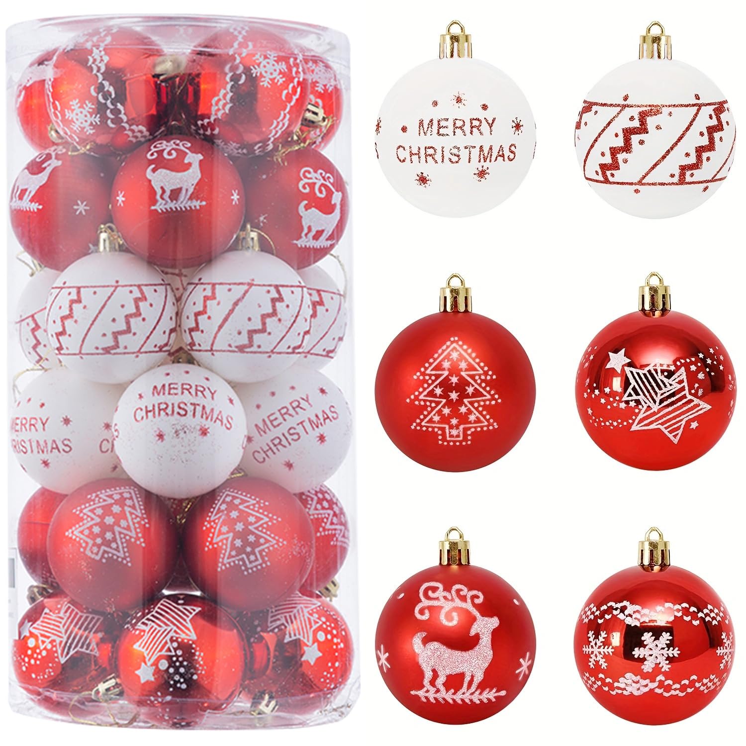 Azalon Red White Ornaments for Christmas Tree, 6cm/2.36in Shatterproof Christmas Balls, Plastic Hanging Xmas Tree Decoration(Red White 30ct)