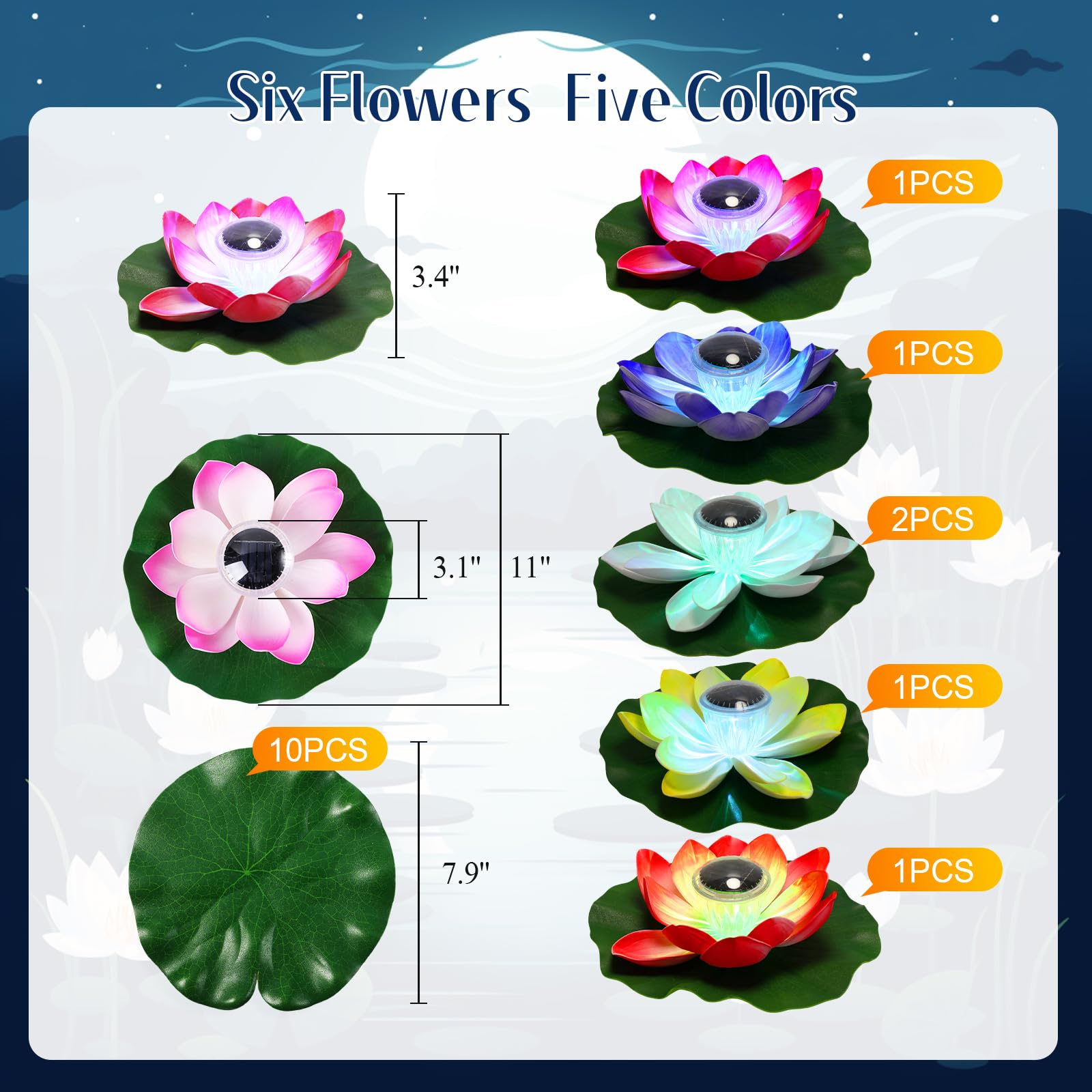 VIHOSE 16 luces solares de loto para estanque, impermeables, luces flotantes de loto solar con almohadillas de lirio, luces nocturnas flotantes para piscina, estanque, patio, jardín, piscina,
