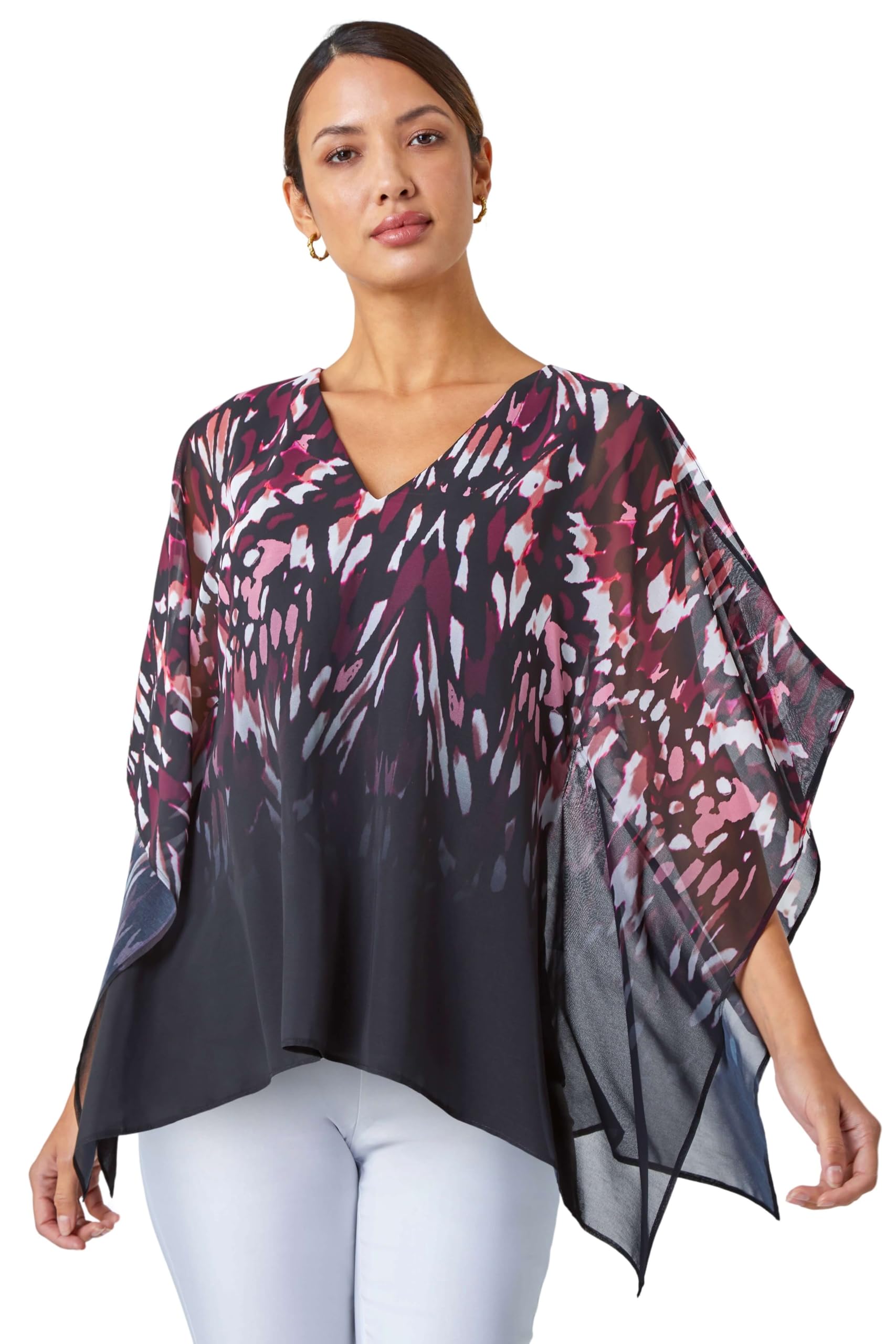 Roman Originals Women's Wine Abstract Print Chiffon Overlay Top For Uk - Everyday Autumn Winter V-Neckline Comfy Soft Evening Vacation Work Party Night Out - Size 10