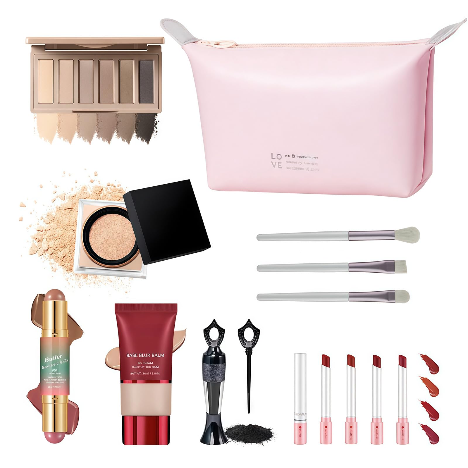 Kit di trucco da viaggio completo con bastoncino di burro in polvere e 6 ombretti, per un'applicazione rapida in viaggio, set cosmetico multiuso