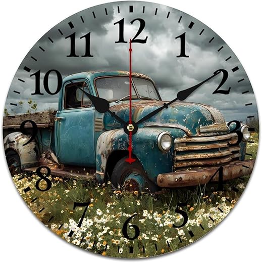 Vintage Old Truck Wooden Wall Clock Silent Quality Quartz Battery Operated for Home Office