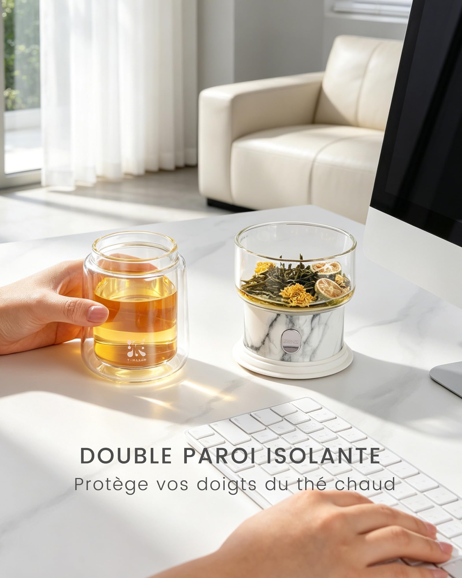 ZENS Teiera con infusore in vetro magico con un tocco | Senza danni. Per tè sfuso. Include tazza termica da 200 ml e borsa da tè portatile. Regalo per gli amanti del tè.