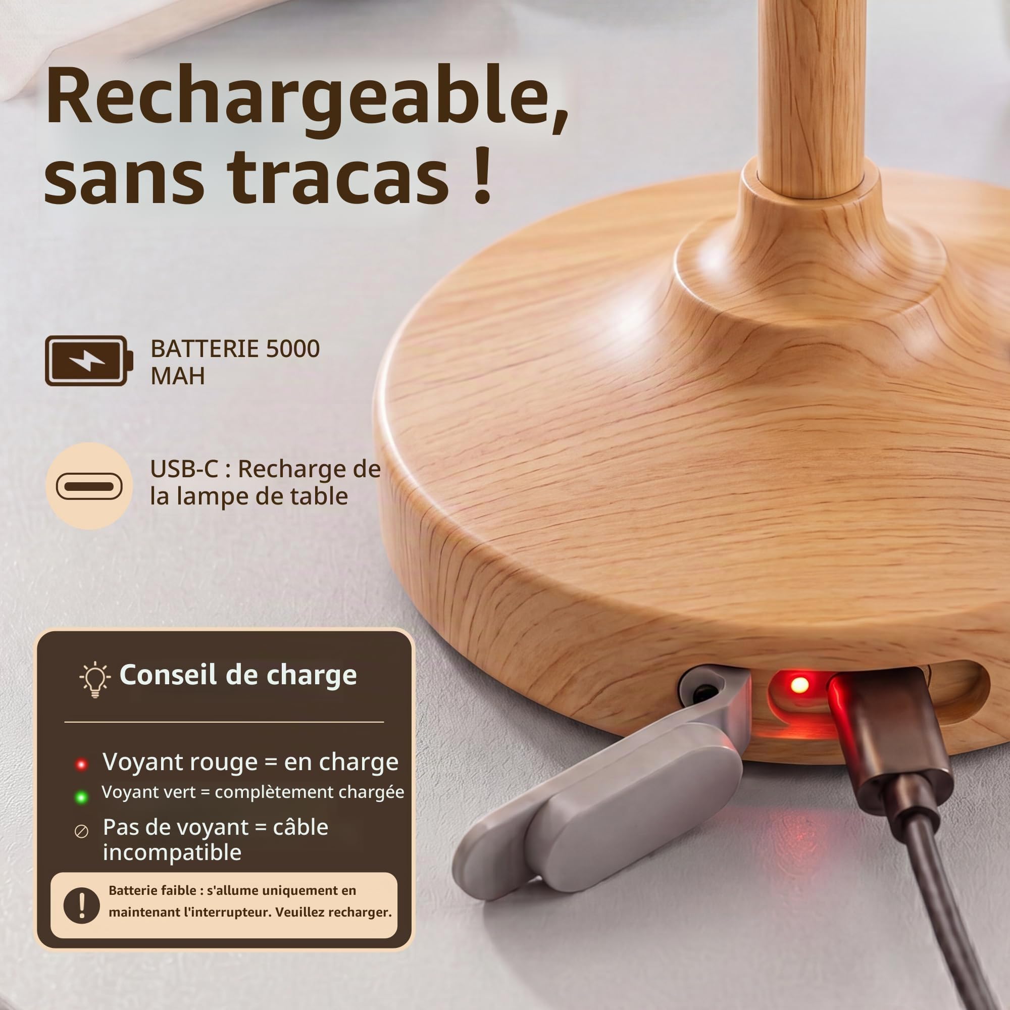 Dawnwake Lampe de table LED en forme de champignon, sans fil, 5000 mAh, tactile, à intensité variable, pour chambre à coucher, extérieur, étanche, petite lampe pour salon, camping, gradation à 3