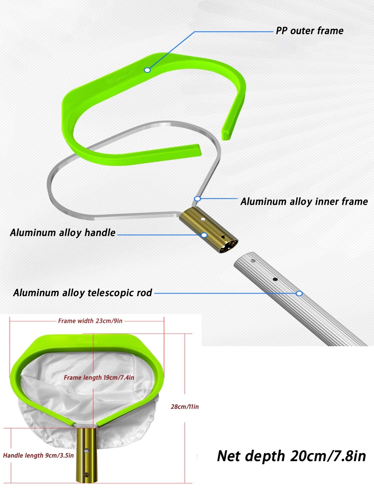 Épuisette à Mailles avec Manche Extensible en Aluminium - Outil Efficace pour éliminer Les débris dans Les piscines enterrées/Hors Sol, pour Le Nettoyage des piscines (300 cm/118 po)
