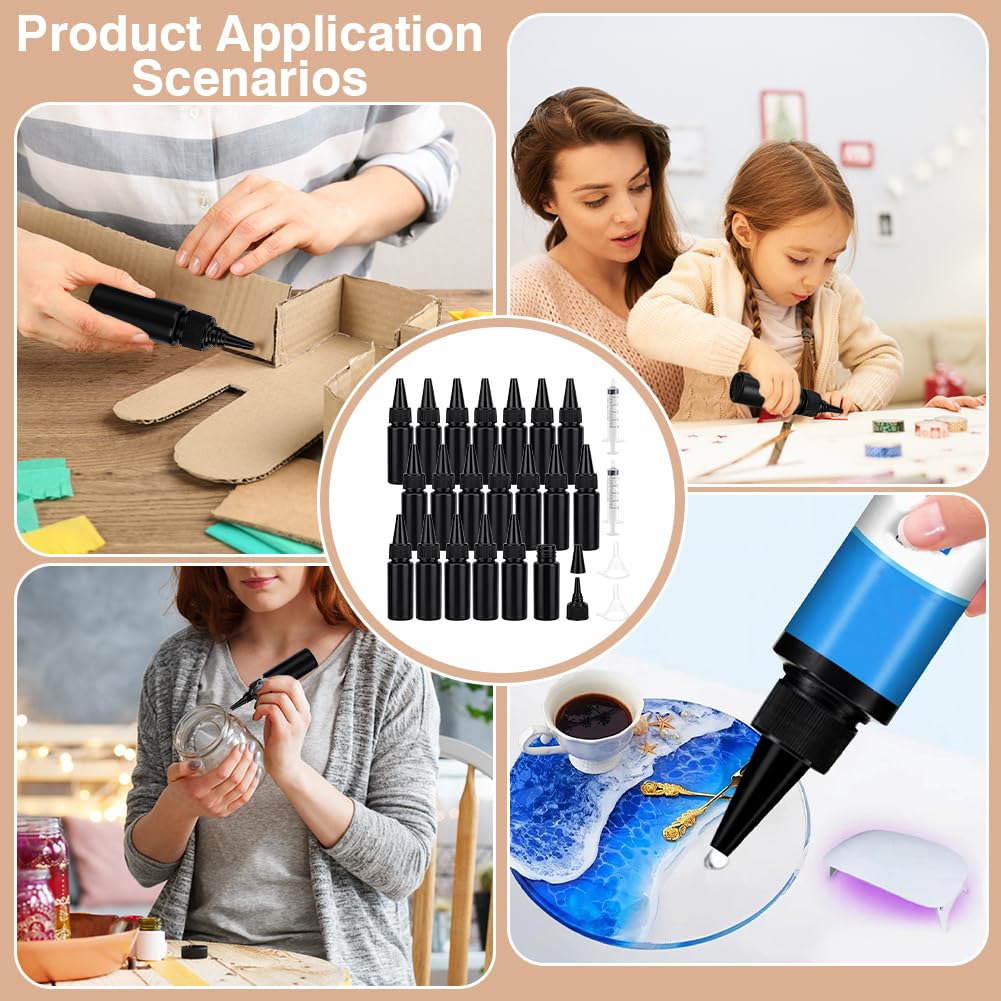 BENECREAT 20 botella Exprimible Negra de 30 ml, Botellas de Plástico A Prueba de Fugas con 3 embudo Y 2 jeringas Sin Aguja, Botellas Vacías Rellenables para Pegamento UV, Petróleo, Líquidos