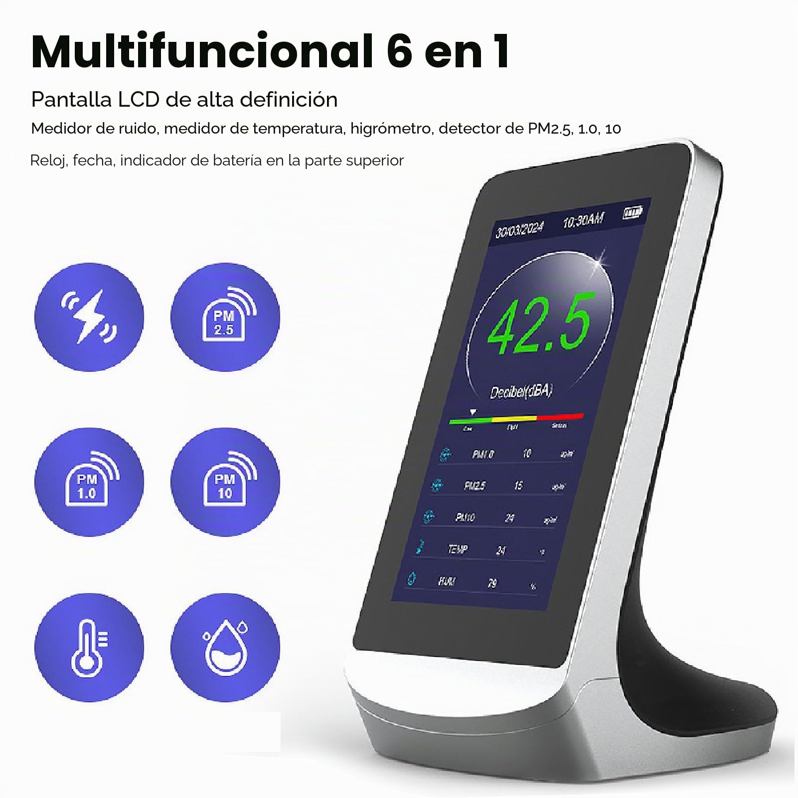 Cocoarm Medidor de Decibelios, Sensor Inteligente, Medidor de Ruido con Pantalla LCD Grande, Pantalla Multifuncional para Oficina en Casa con Función de Temperatura y Humedad