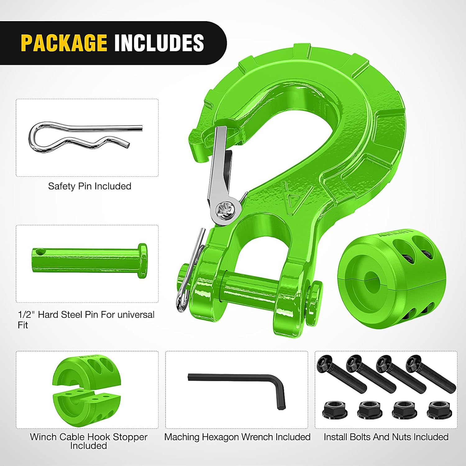 Nilight Forged Steel Winch Hook 3/8" Grade 70 Safety Latch Winch Cable Hook Stopper & Clevis Slip Hook Sets, Included Allen Wrench,Max 35,000 lbs, Green - Image 4