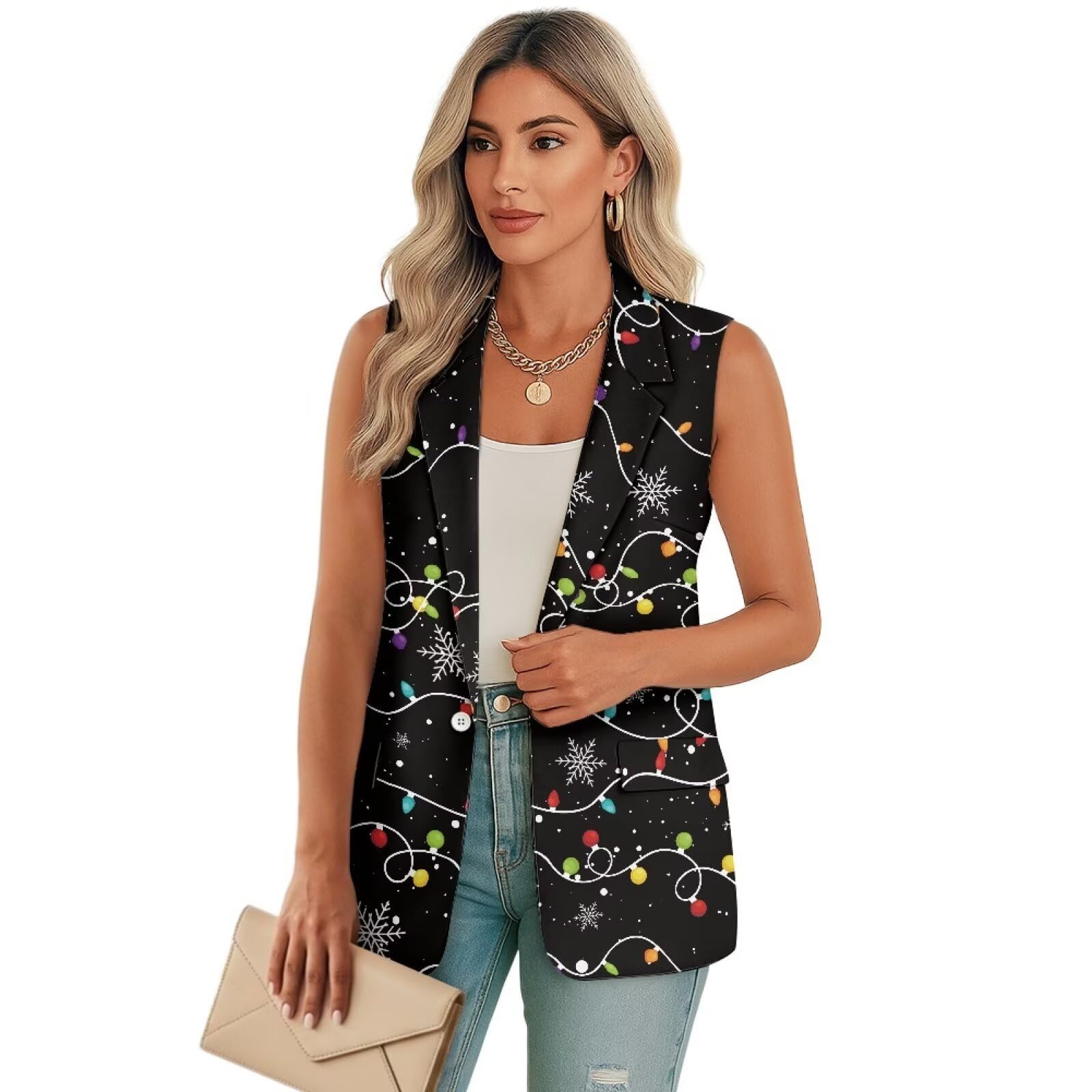 Womens Summer Sleeveless Vest Tops Single Button Lightweight Fully-Lined Casual Work Office Blazers with Pockets