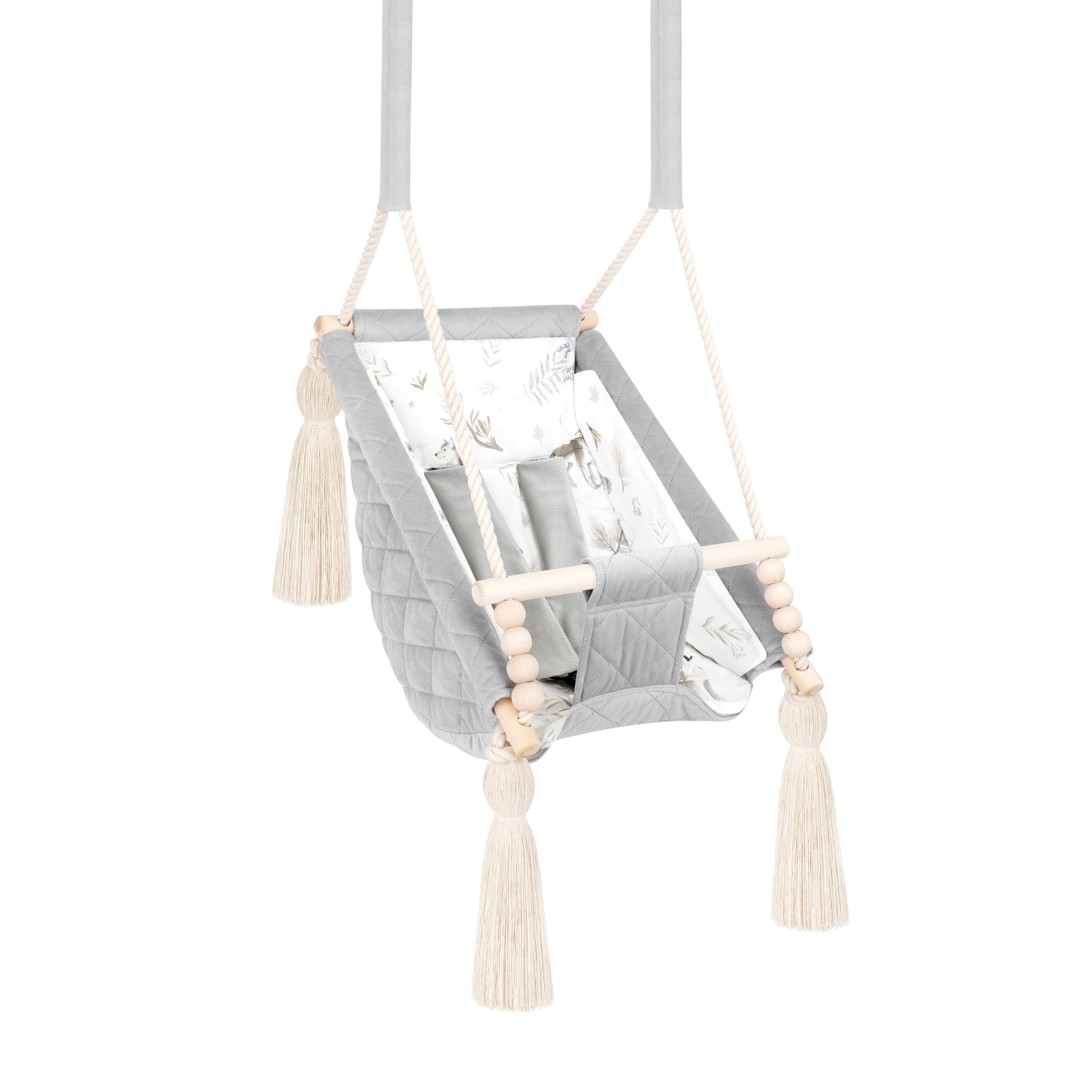 Altalena Bambino Grigio Chiaro Velluto, Amaca Interna 2m+, Personalizzabile con Nome Ricamato, Made in Europa, Sedile sospeso sicuro 25kg