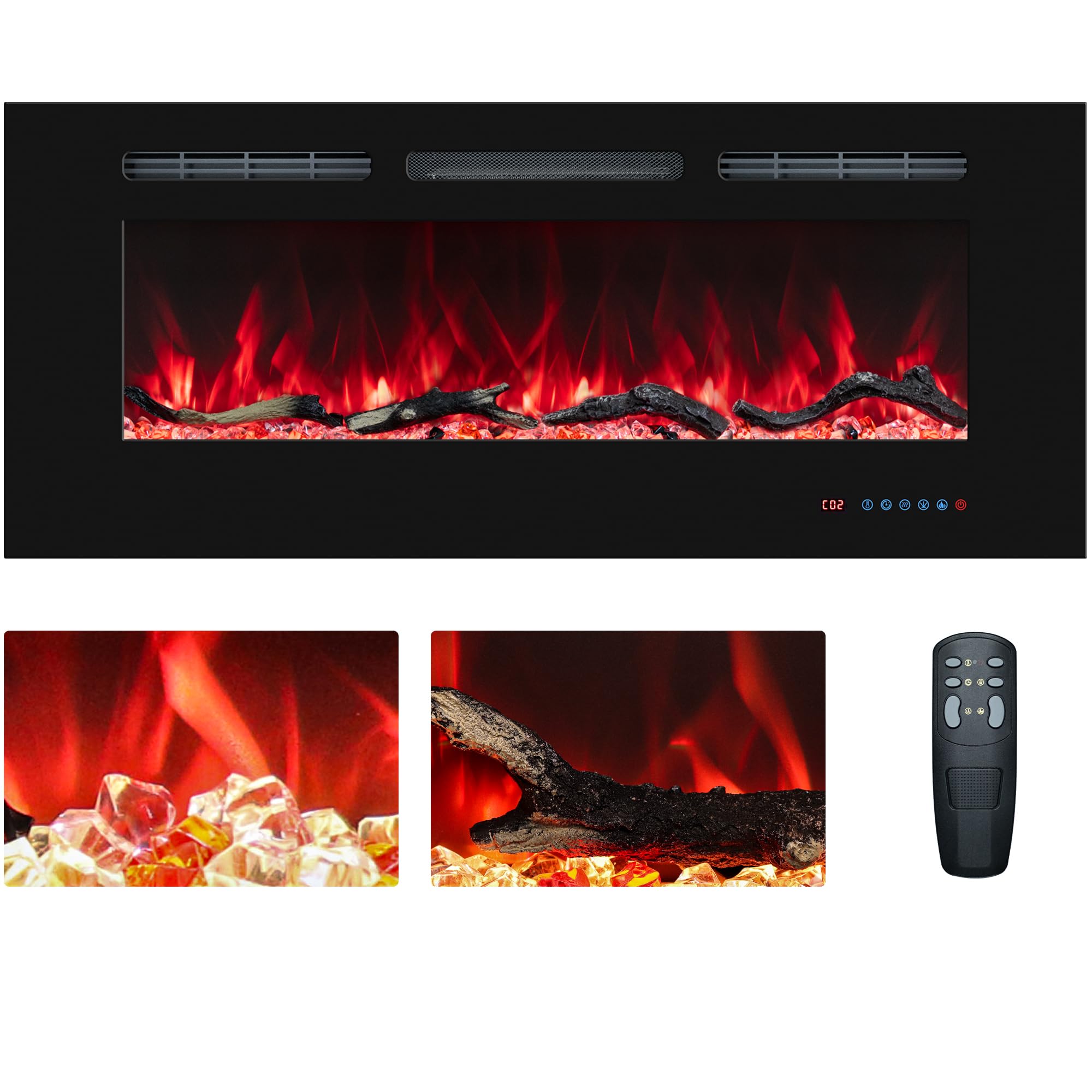 Benrocks 36 in / 92cm Electric Fireplace Inserts, Recessed or Wall Mounted, Multicolor Flame, 13 Flame & Fuel Bed Colors, Remote & Touch Screen, Timer, 750W/1500W Heater