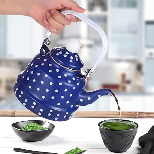 Miniatura 2 de Cabilock Hervidor de té esmaltado con puntos de 11 l hervidor de agua caliente retro hervidor de agua hirviendo tetera para servir té cafetera para