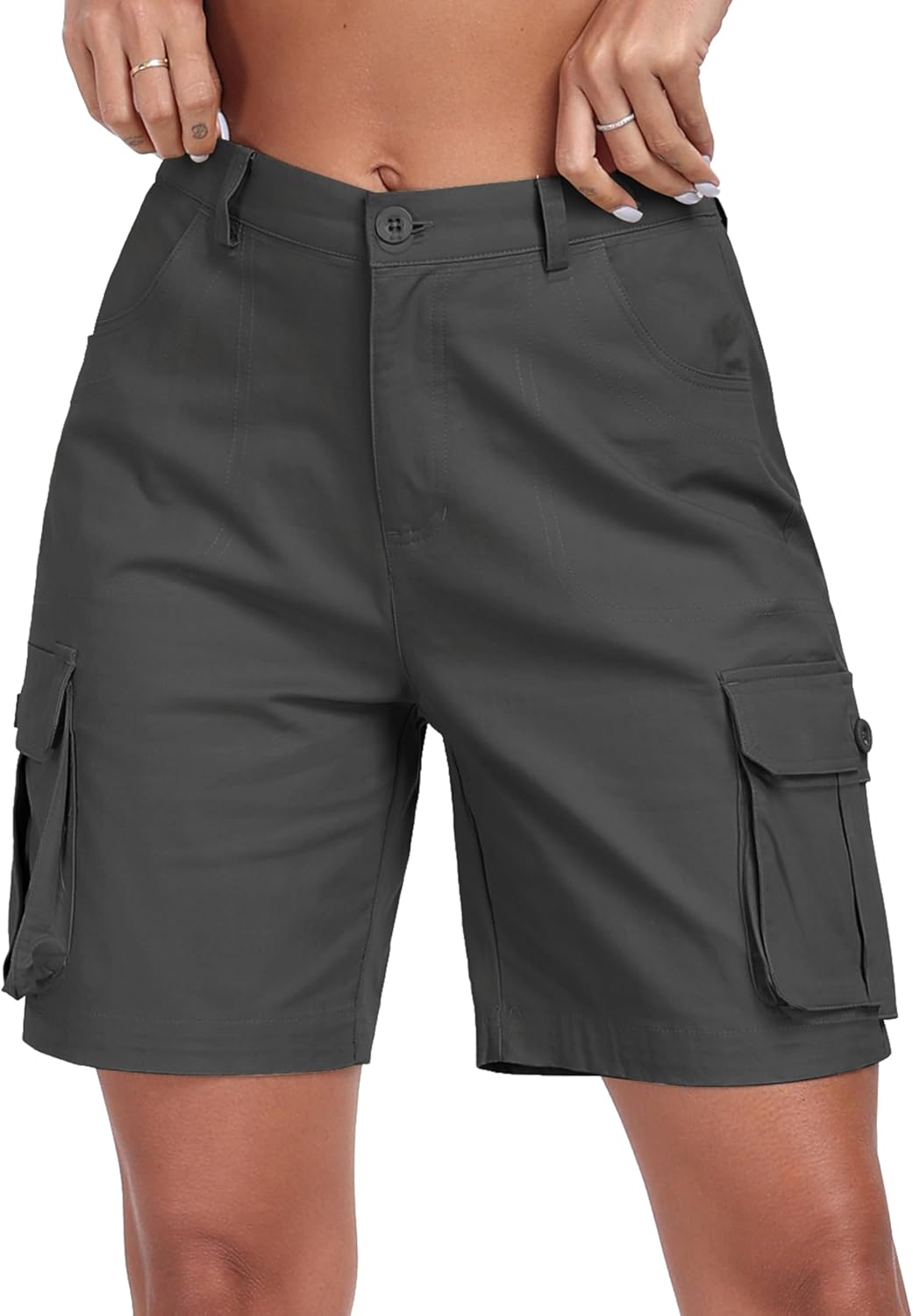 MoFiz Women's Cargo Shorts Bermuda Shorts Button Pockets Elastic Waist Knee Length Long Hiking Casual Shorts for Summer - Image 2