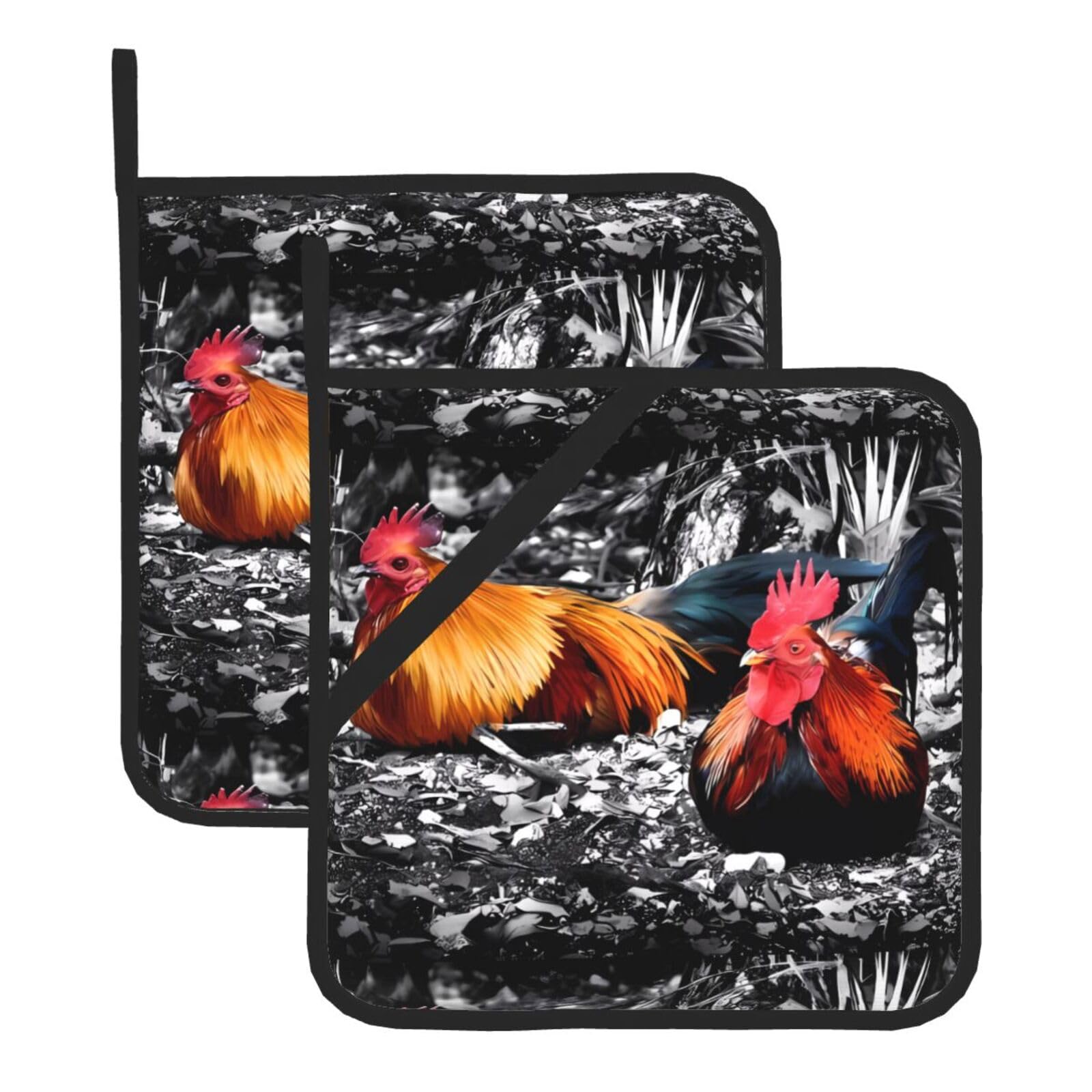 WHJSHOP Chicken Rooster Prints Square Hot Pads for Kitchen Counter - Thick Heat Resistant Trivets for Microwave & Oven, BBQ Grilling Cover (2 Pack)