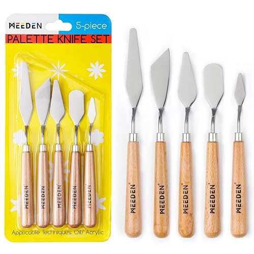 MEEDEN 5Pcs Palette Knife Set: Stainless Steel Painting Knives Wood Handle | Flexible Artist Palette Knives for Oil & Acrylic Painting, Pallet Knife for Color Mixing, Blending, Scraping and Texture Art