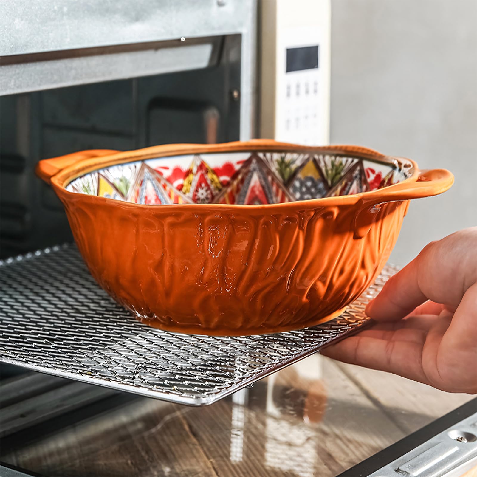 Keramik-Servierschalen im Boho-Stil mit Griffen, 1,2 l Porzellan-Salatschüsseln, große Servierschalen für Unterhaltung, Rührschüsseln für Suppe, Eintopf, Nudeln, Müsli, buntes geprägtes süßes