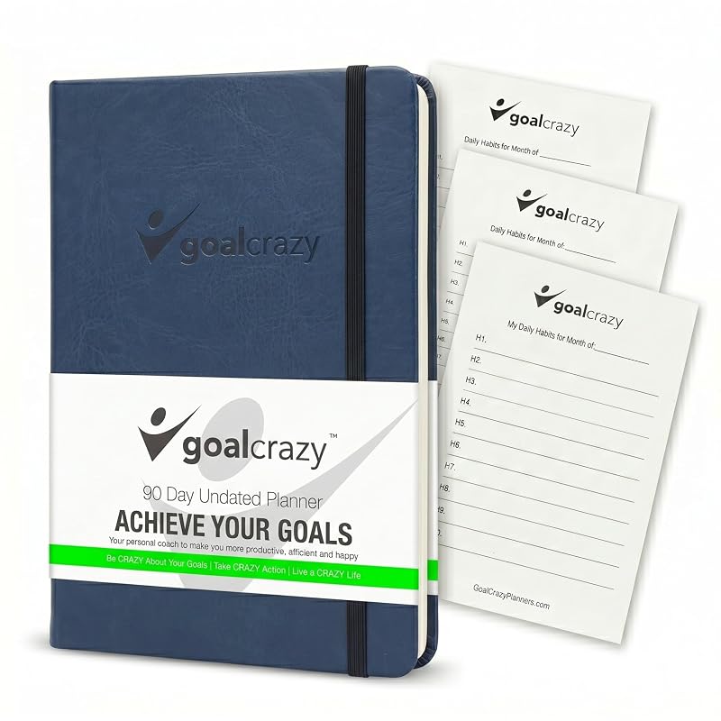 Goal Crazy Undated Daily Planner to Achieve Your Goals - 90 Day Guided Journal & Productivity Organizer with Goal Setting, Habit Tracker, To Do List, Academic & Work Calendar, Leather Hardcover - Navy