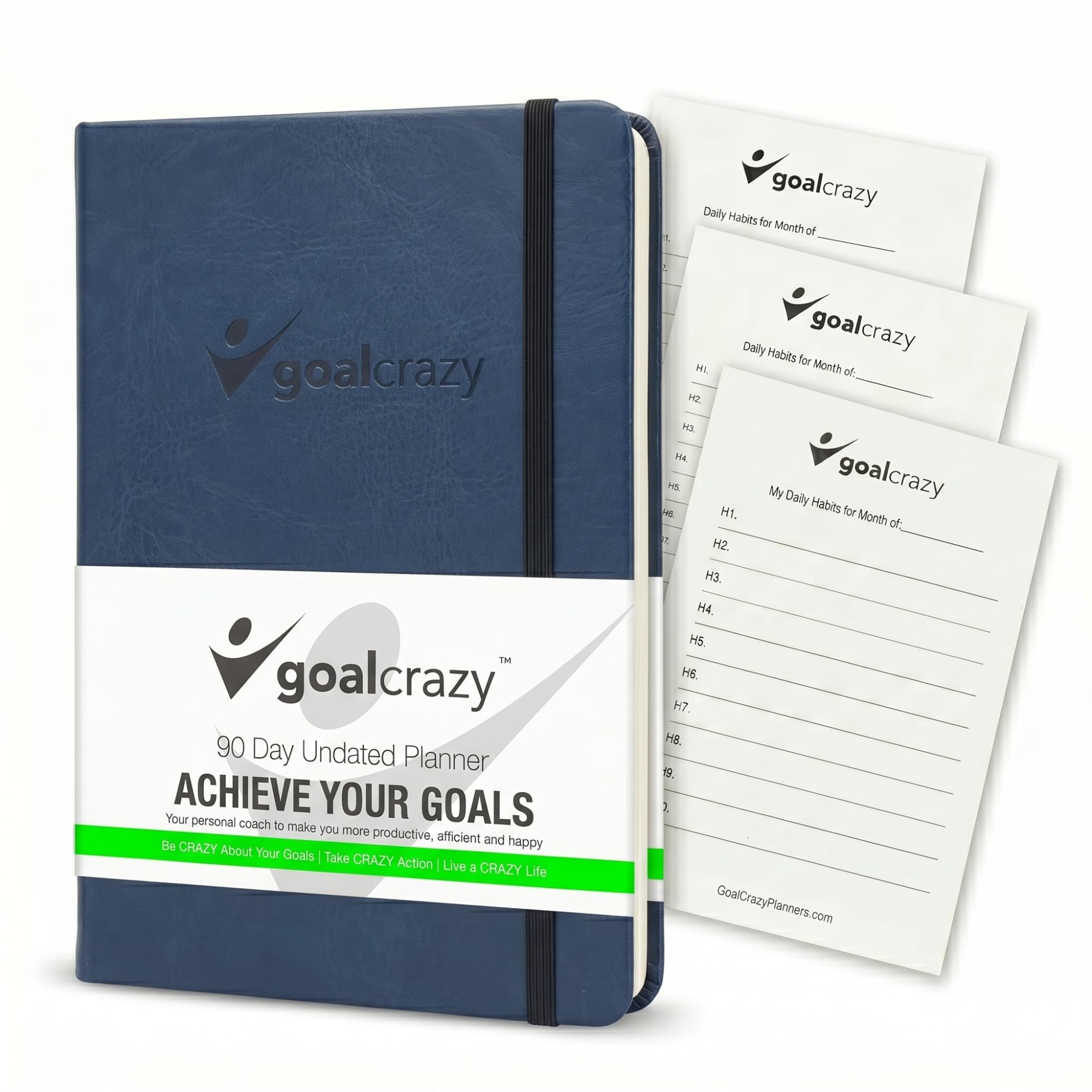 Goal Crazy Agenda journalier non daté – 90 jours A5 2023, planificateur pour les horaires chargés, suivi des habitudes de productivité, inspirant, planificateur de vie quotidienne, pages amandes (bleu