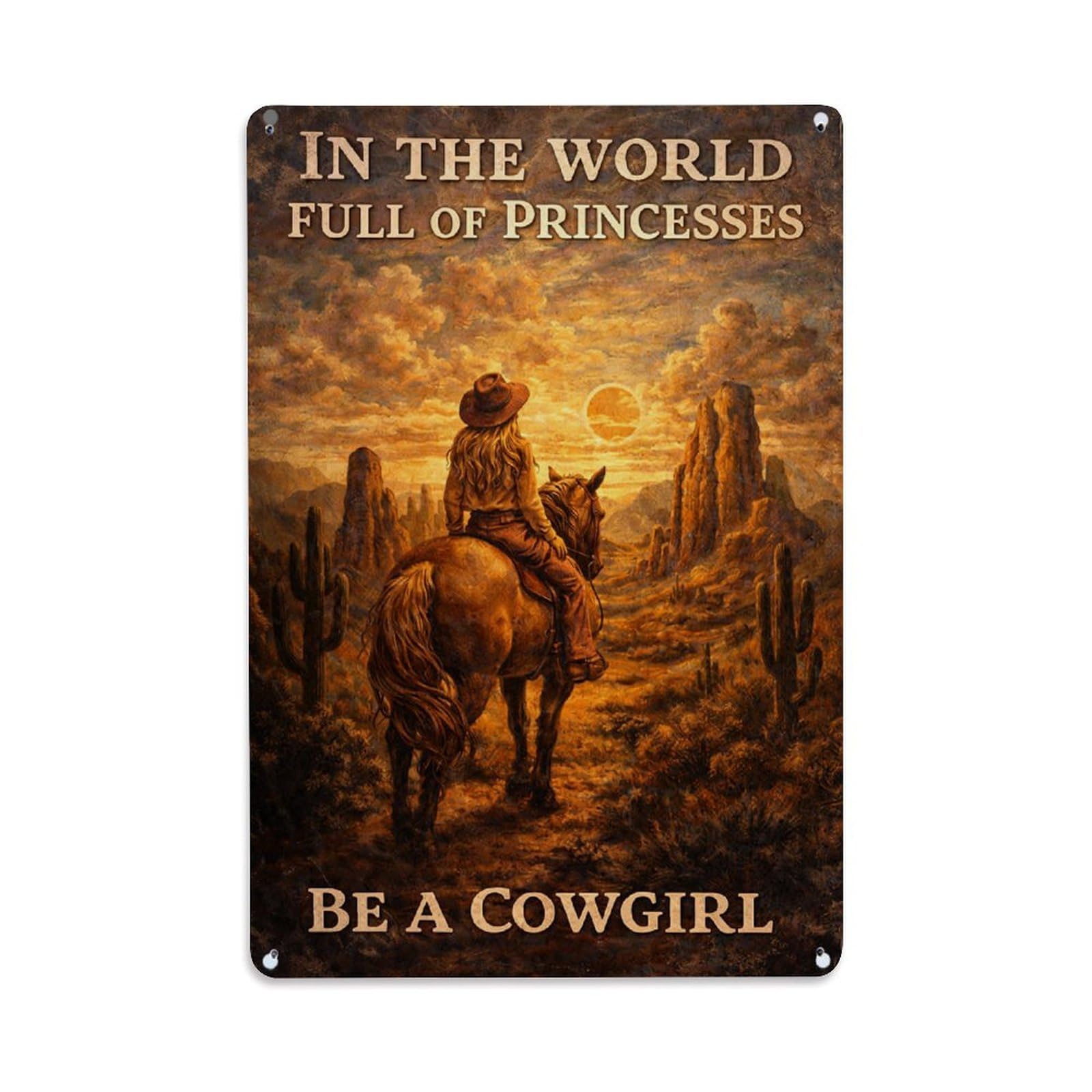 Cowgirl Riding Horse At Sunset Retro Metal Tin Sign, Vintage Metal Poster for Bar, Home, Man Cave, Kitchen, Laundry Room Art Decor 8x12 Inch