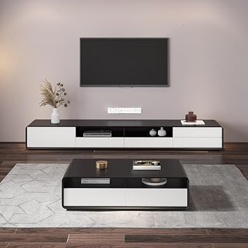 Modern TV Stand with Storage Solid Wood Black TV Media Console, Entertainment Center TV Stand, Fully-Assemble,Walnut & Oak VeneerBlack-A,220CM/86.6IN