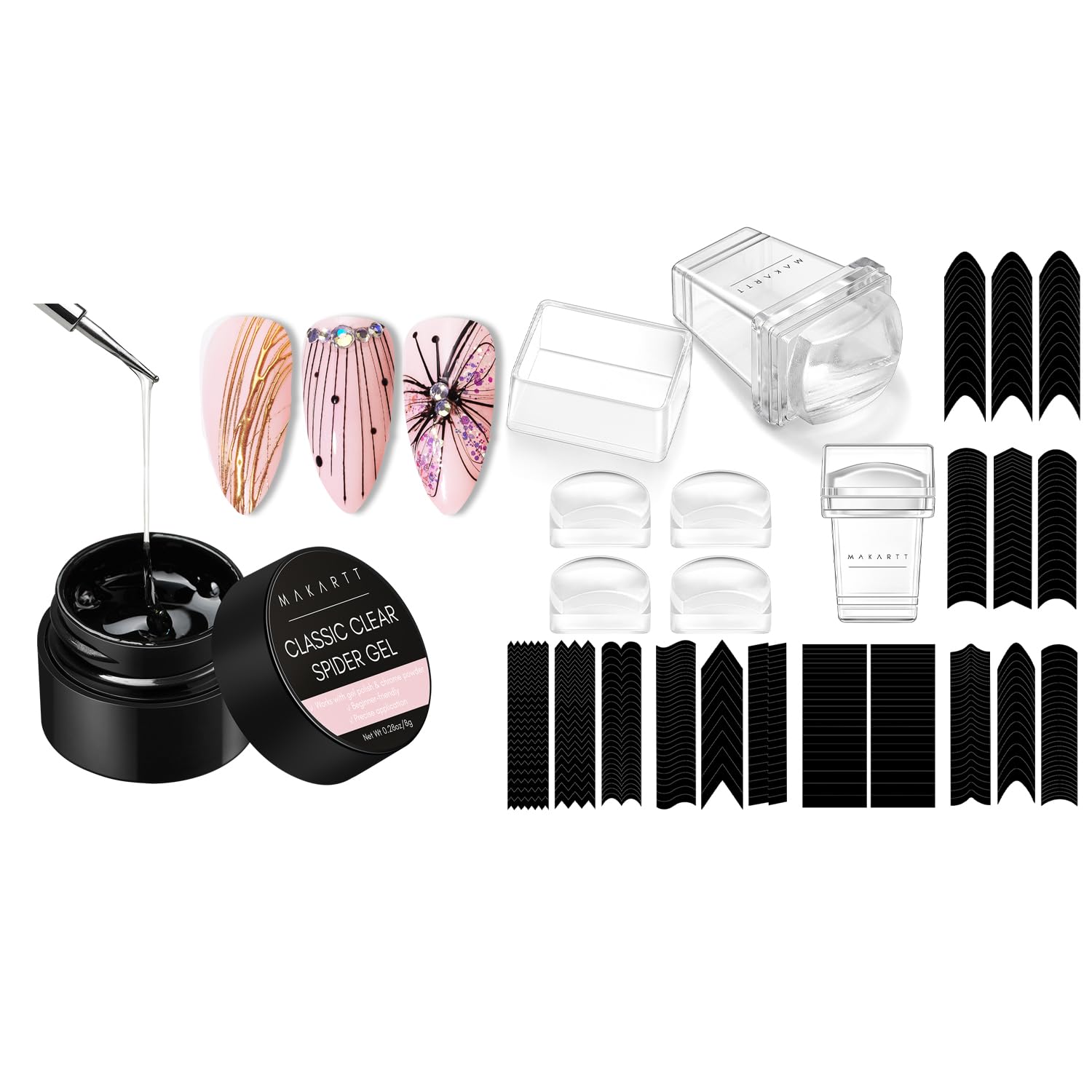Makartt 12 PCS French Nail Art Stamper Kit Bundle With 3D Clear Spider Gel for Nail Art Elastic Gel Nail Paint Drawing