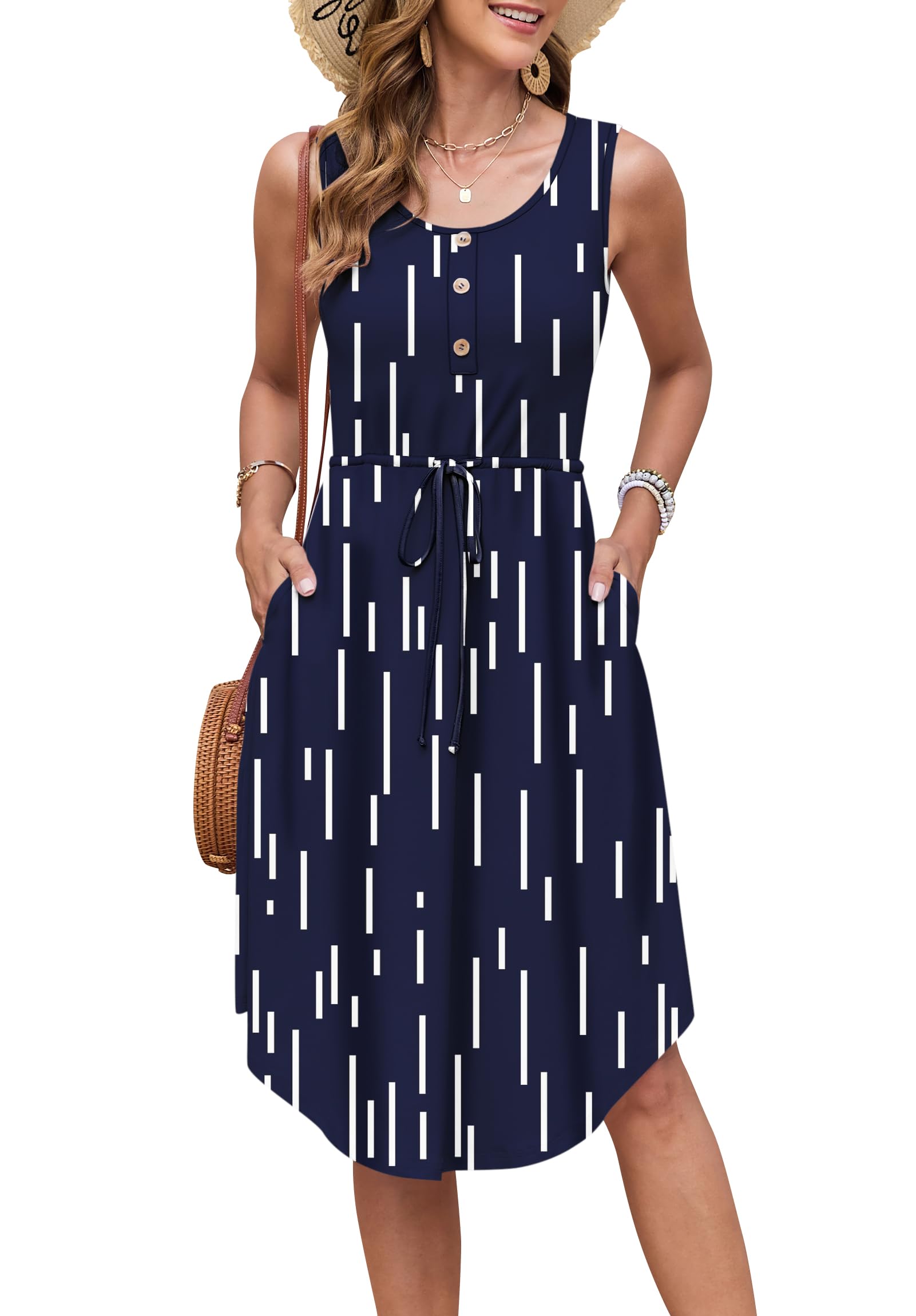 AUSELILY Sommerkleider Damen Leicht Ärmellos Kordelzug Hohe Taille Strandkleider Knielang Button-Down Midikleid Tunika Kleid Elegant Freizeitkleid mit Taschen