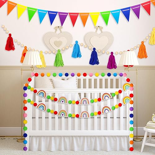 Miniatura 4 de Sumind Guirnalda de borlas de arco iris, guirnalda bohemia con pompones, guirnalda de bolas de fieltro de arco iris, guirnalda de dulces coloridos