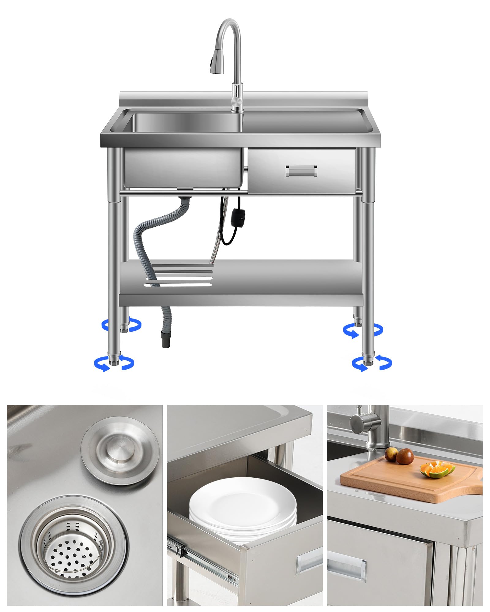 Edelstahl Spültisch Spülbecken Freistehend Mit Arbeitstisch & Schublade, Utility Waschbecken Mit Ausziehbarer Armatur, Warm- & Kaltwasseranschluss, Waschbecken Für Küche, Garage, Werkstatt, Keller