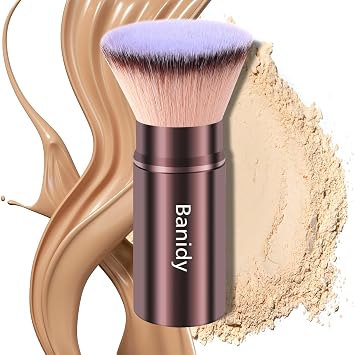 Makeup Brush Kabuki Face Brushes Retractable Travel Blush Brush Portable Flawless for Foundation, Powder Blush, Bronzer, Buffing, Liquid, Cream, Cruelty Free with CoverFlat-Head