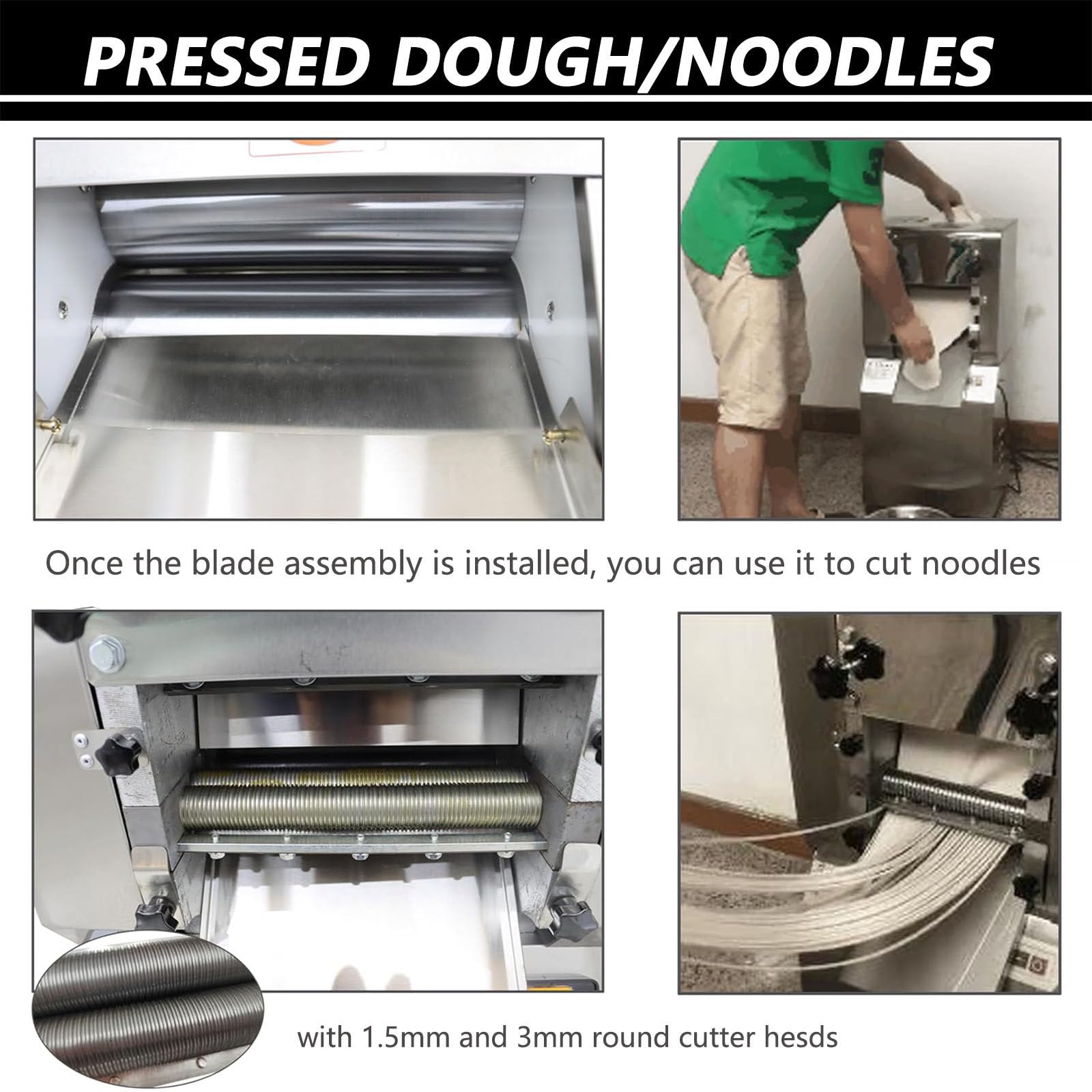 MáQuina para Hacer Masa con Rodillo EléCtrico, MáQuina para Hacer Pasta Comercial, MáQuina para Prensar Fideos para AlbóNdigas y Fideos con Cabezal de Corte de 1,5 mm/2 mm/3 mm,RoundNoodle-3mm