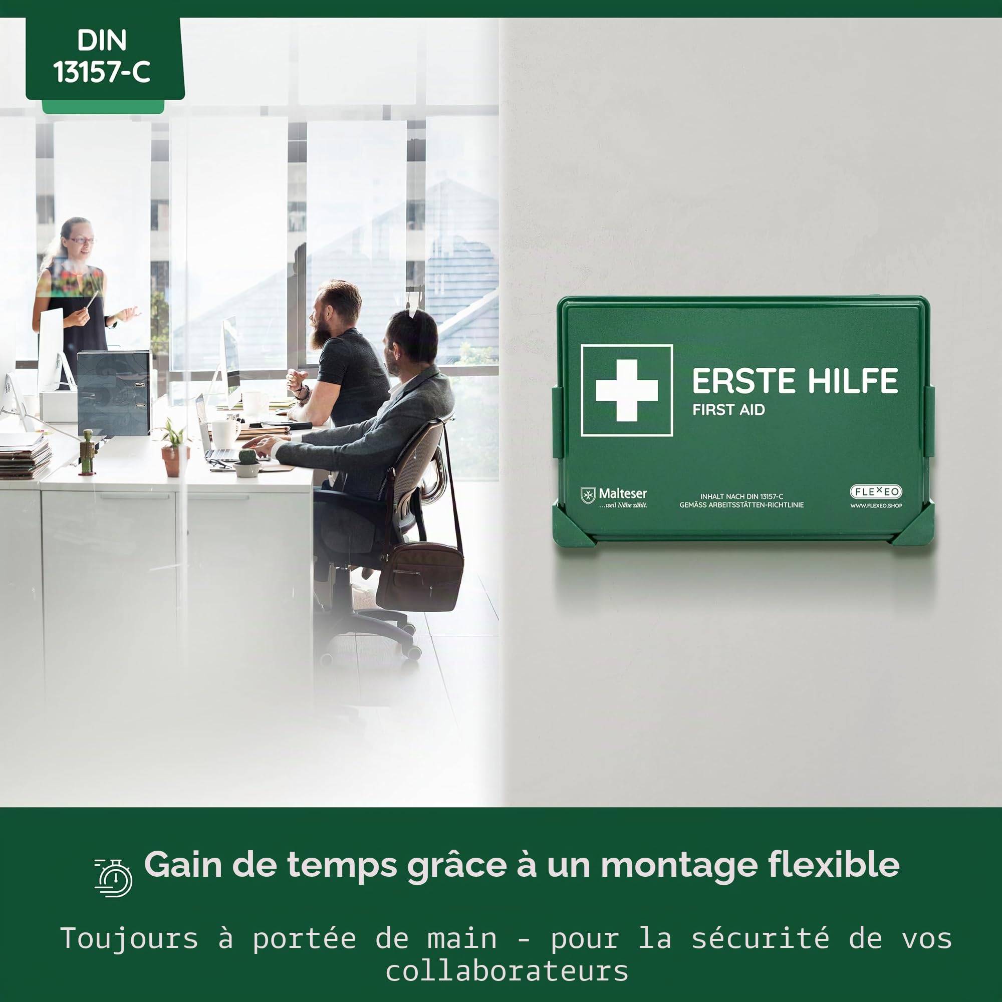 FLEXEO boîte de secours selon la norme DIN 13157:2021, avec support mural/montage mural, trousse de premiers secours d'entreprise/mallette de premiers soins pour entreprises, bureaux chantiers (Vert)