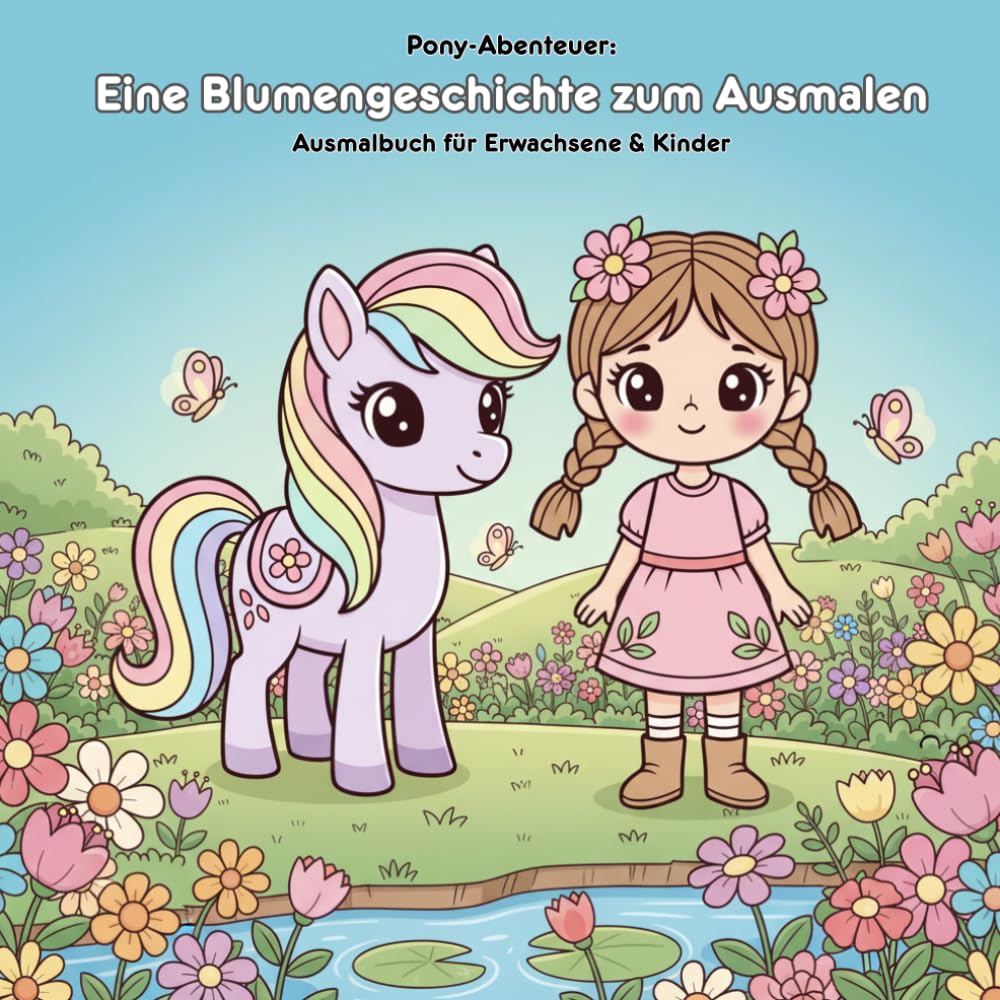 Pony-Abenteuer: Geschichte & Malbuch für Kinder: Eine Blumengeschichte zum Ausmalen | Für Erwachsene & Kinder | 36 Ausmalbilder | 21.59 x 21.59 cm | Große Motive